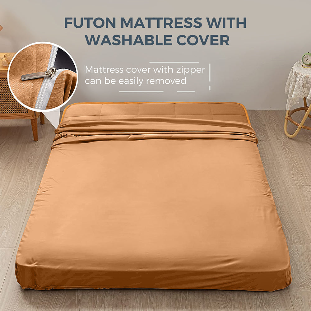 MAXYOYO 6-Inch Extra Thick Square Floor Futon Mattress - Foldable Memory Foam Topper Mattress Pad in Light Brown | Perfect for Guest Beds, Dorm Rooms & Small Apartments