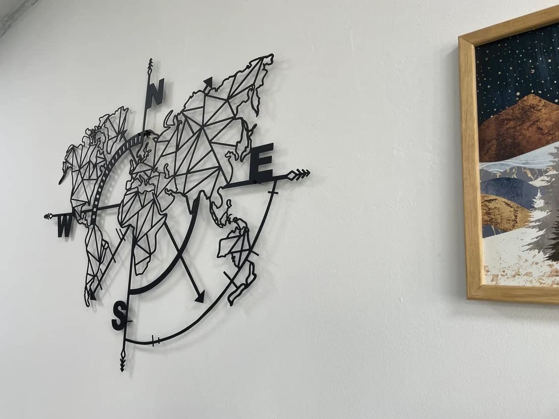 DEKADRON Modern Metal World Map Wall Art with Geometric Compass - Black 55
