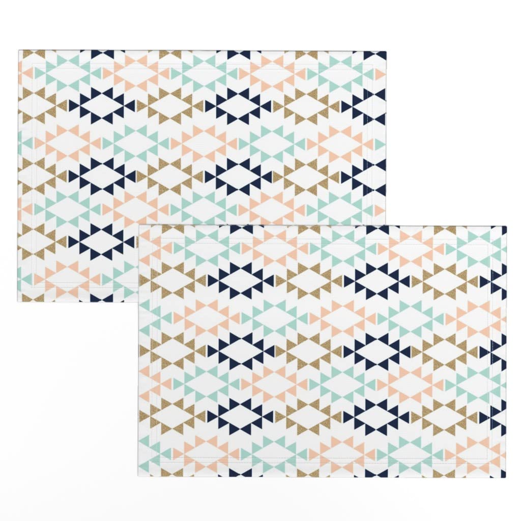 Premium Linen Cotton Canvas Placemats Set of 2 - Mint & Navy Triangle Boho Design for Dining Table Decor | Waterproof & Washable Kitchen Table Mats for Everyday Use & Special Occasions