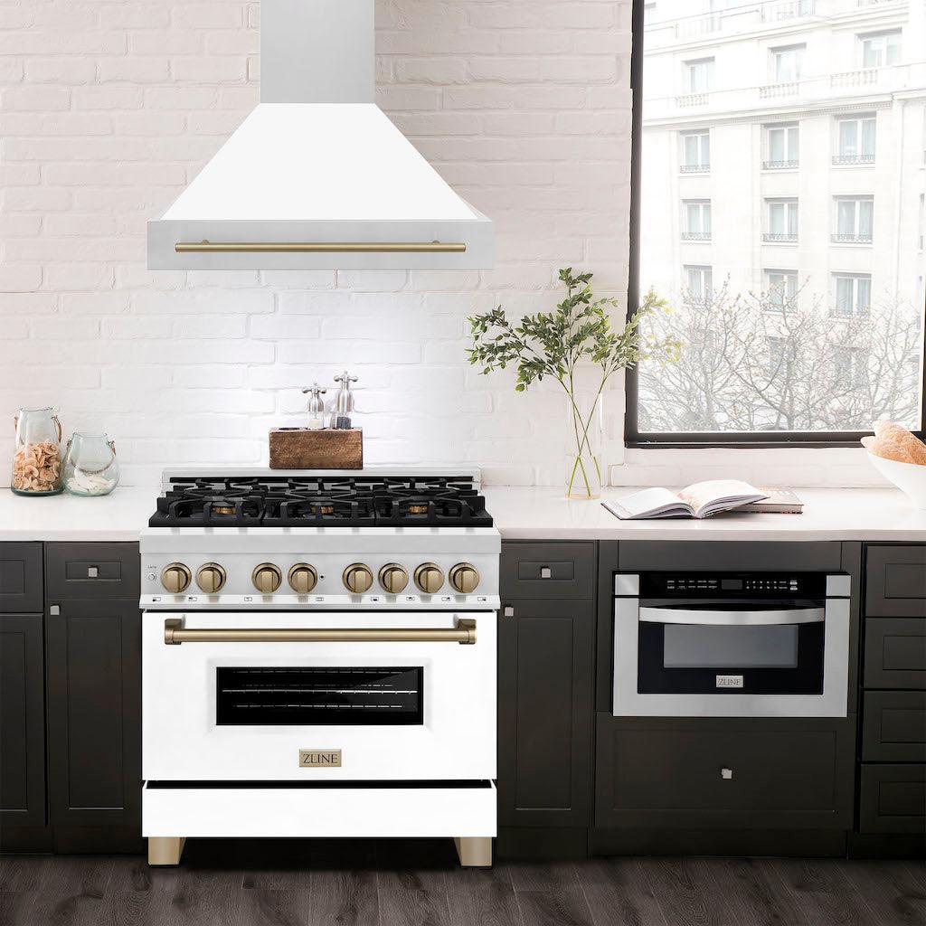 ZLINE Autograph Edition 36 Inch Stainless Steel Range Hood with White Matte Shell & Handle (8654STZ WM36) - Premium Kitchen Ventilation for Modern Homes & Professional Chefs