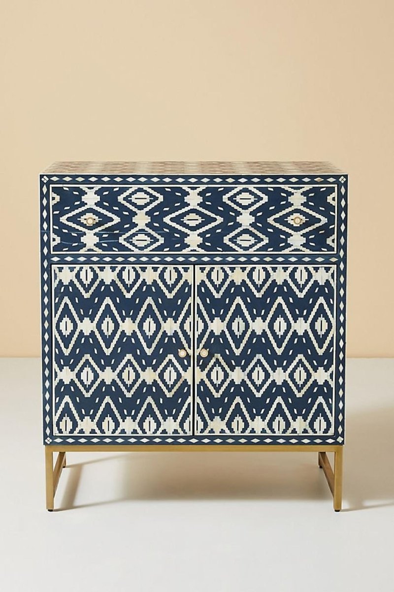 Handmade Blue Bone Inlay Entryway Cabinet - Ikat Design Wooden Console Table for Hallway & Living Room Decor | Perfect for Home Entry Storage & Stylish Display