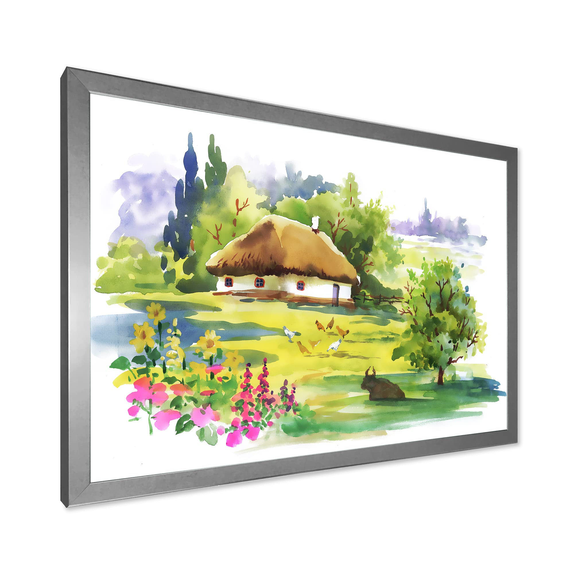 DesignQ Rustic Countryside House in Blooming Greenlands - Traditional Framed Wall Art for Living Room, Bedroom & Office Decor
