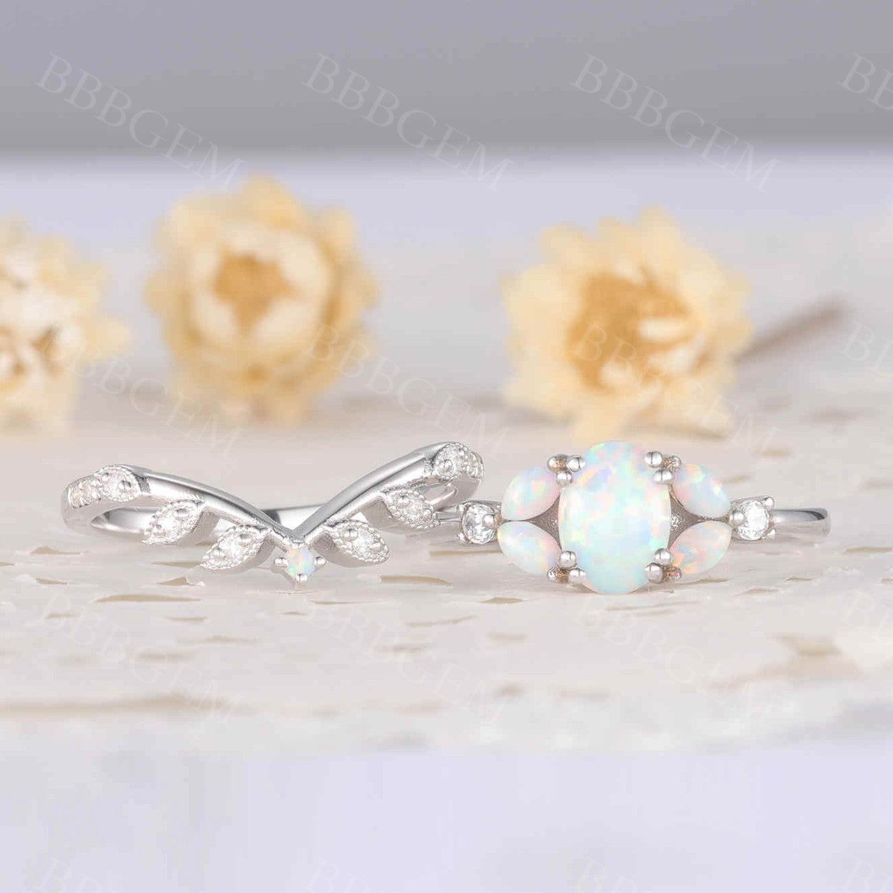 Oval Opal Ring Set in White Gold with Diamond Accents – Elegant Bridal Jewelry for Women | Perfect for Engagement, Wedding & Anniversary Gifts