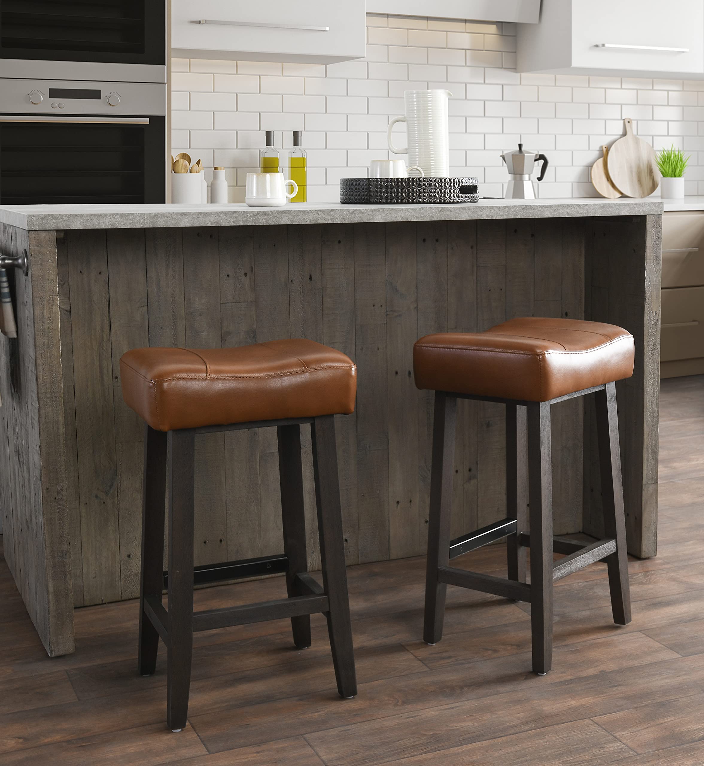 Kosas Home Lauri Backless Counter Stool with Vegan Leather Cushion - 26 Inch Bar Stool in Caramel & Dark Brown - Modern Kitchen Island & Breakfast Nook Seating