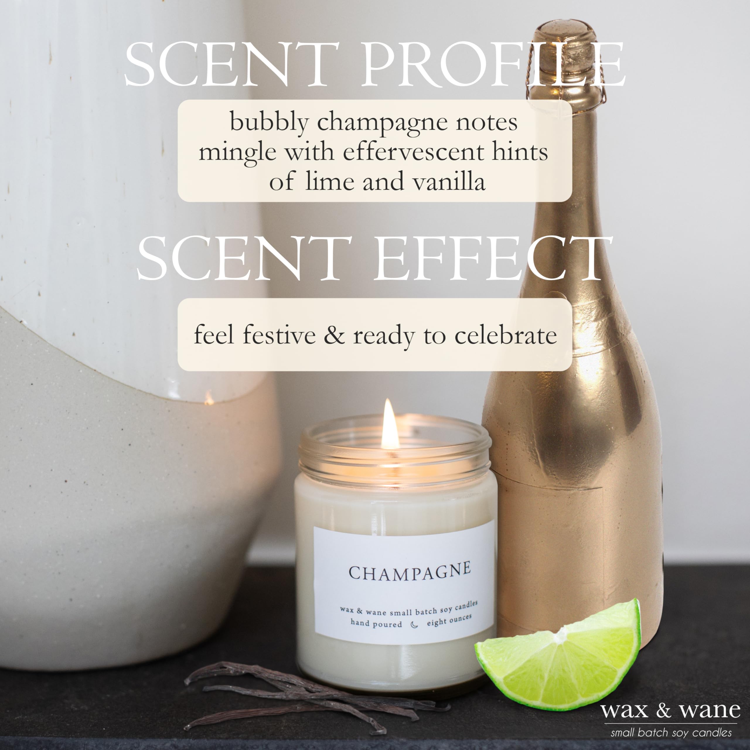 Wax & Wane Champagne 8oz Handmade Soy Candle - 40+ Hour Burn Time, Natural Aromatherapy for Home, Bedroom & Bathroom - Made in USA | Perfect for Relaxation, Romantic Dinners & Spa Nights