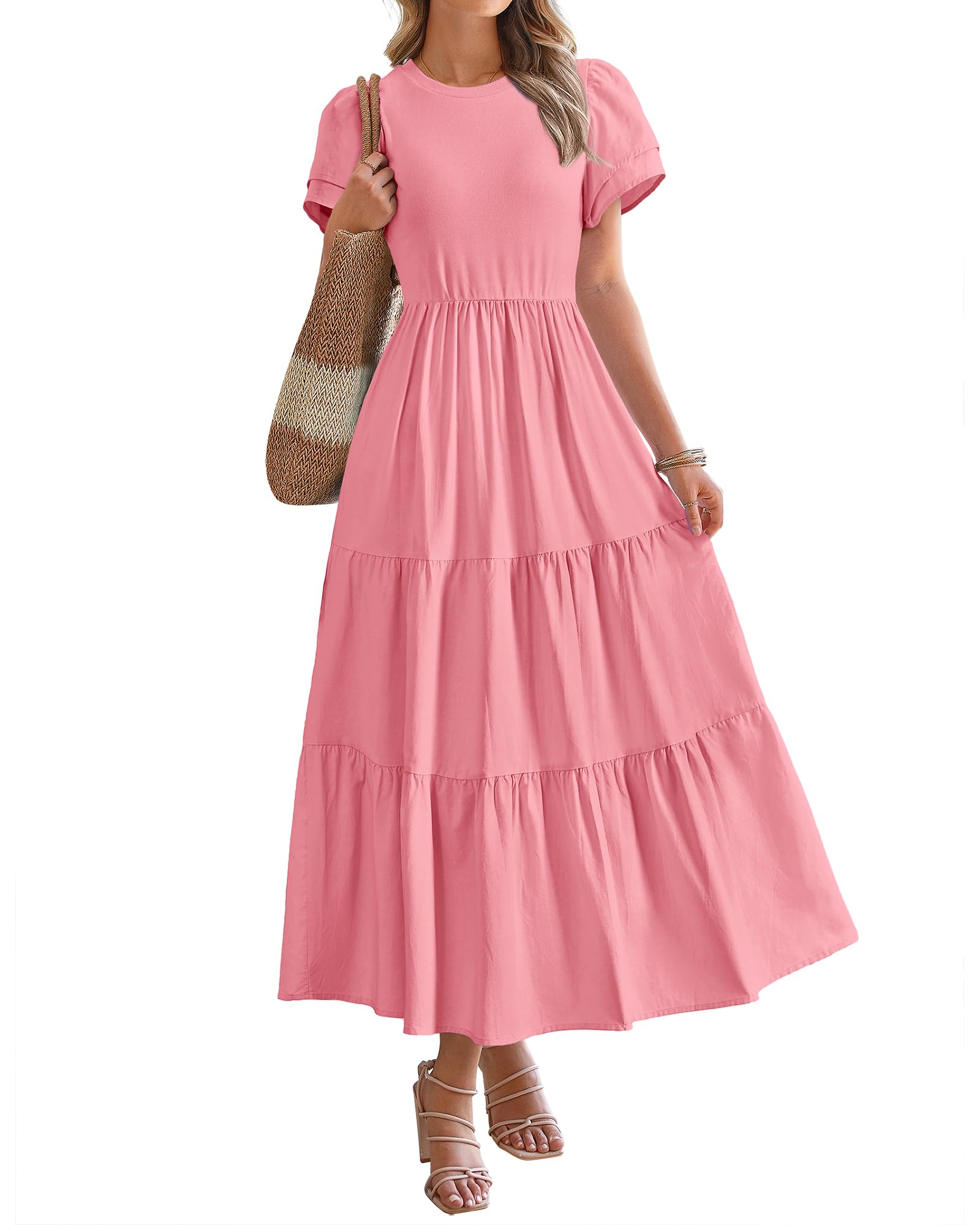 BTFBM Women's Casual Summer Dresses 2025 - Spring Crewneck Short Sleeve Tiered Flowy Boho Maxi Dress with Pockets for Beach Vacation, Outdoor Picnic & Summer Travel