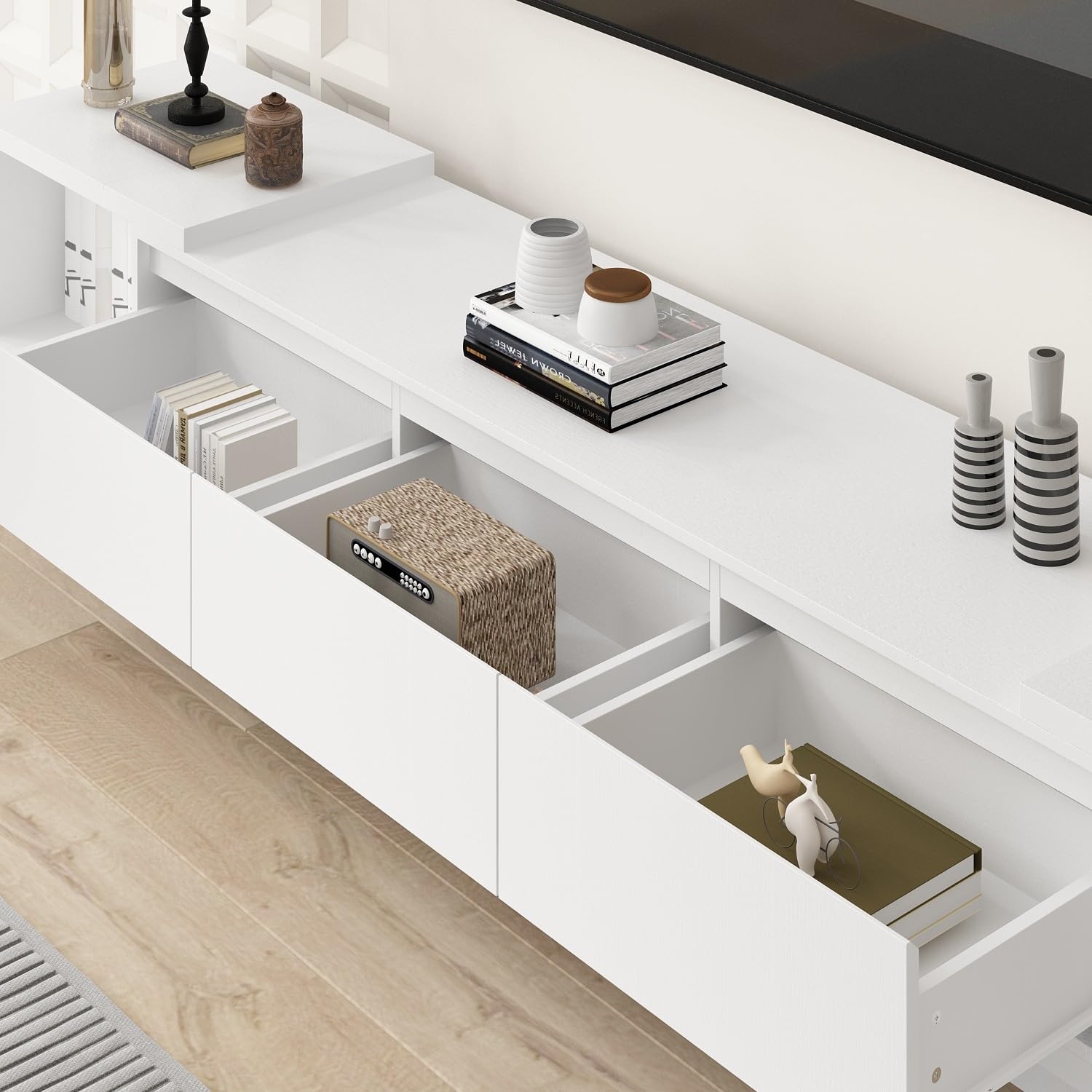 Modern Extendable TV Stand with Drawers - FAMAPY 65.4-106.3 Inch Adjustable TV Console Table, Contemporary Entertainment Center & Media Storage Cabinet for Living Room, Bedroom, Home Theater (White) - Perfect for Small Spaces & Apartment Living