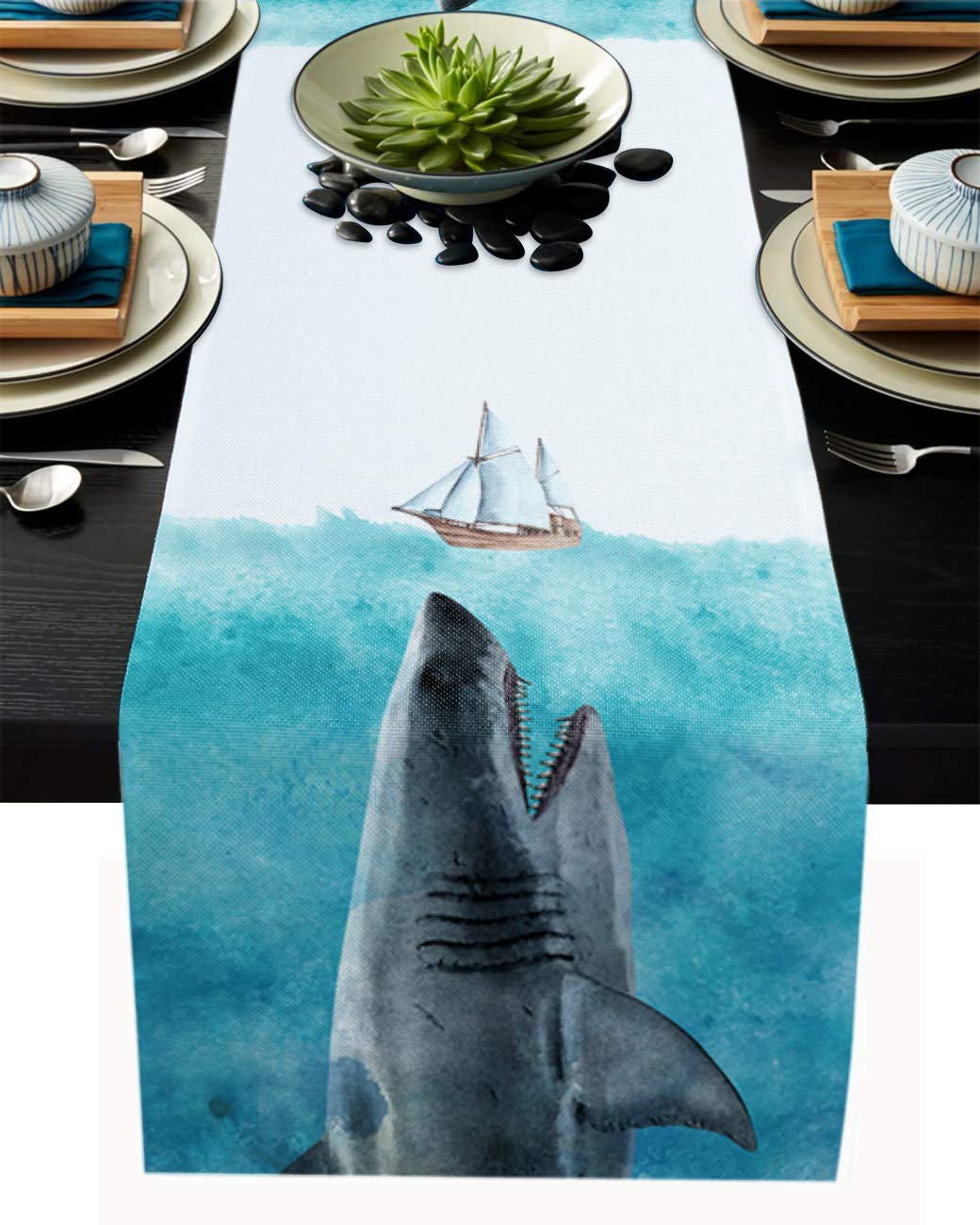 1998 Cotton Linen Table Runner - 13x90 Inch Nautical Shark Boat Rectangle Table Cover for Ocean Theme Dinner, Wedding, Birthday Party & Baby Shower Decorations | Perfect for Beach House, Restaurant and Holiday Table Settings