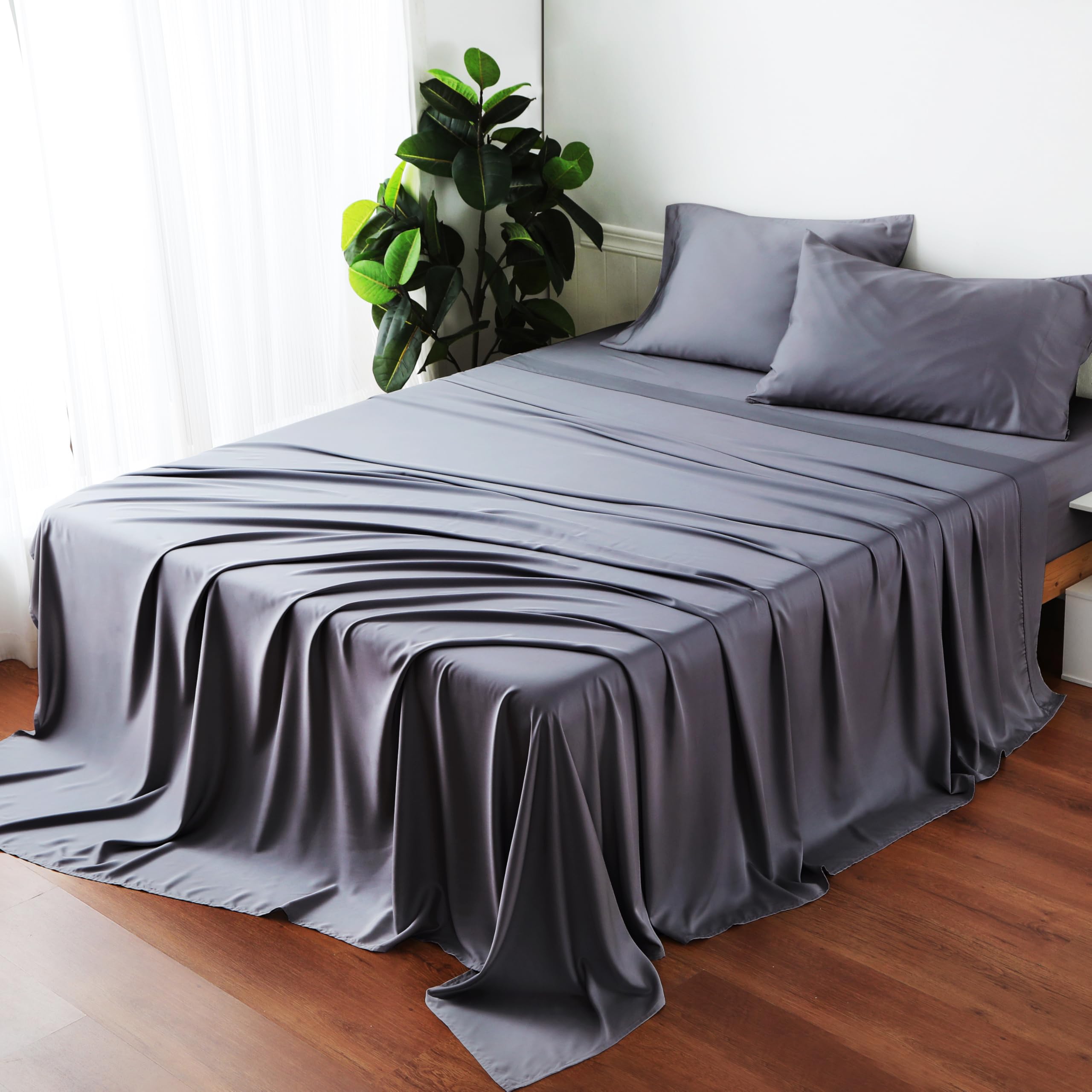 Luxury Bamboo Viscose King Size Flat Sheet - Sateen Weave, Ultra Soft & Cooling for Hot Sleepers, Breathable & Silky Smooth - Perfect for Summer Nights & All-Season Comfort (Dark Grey, King)