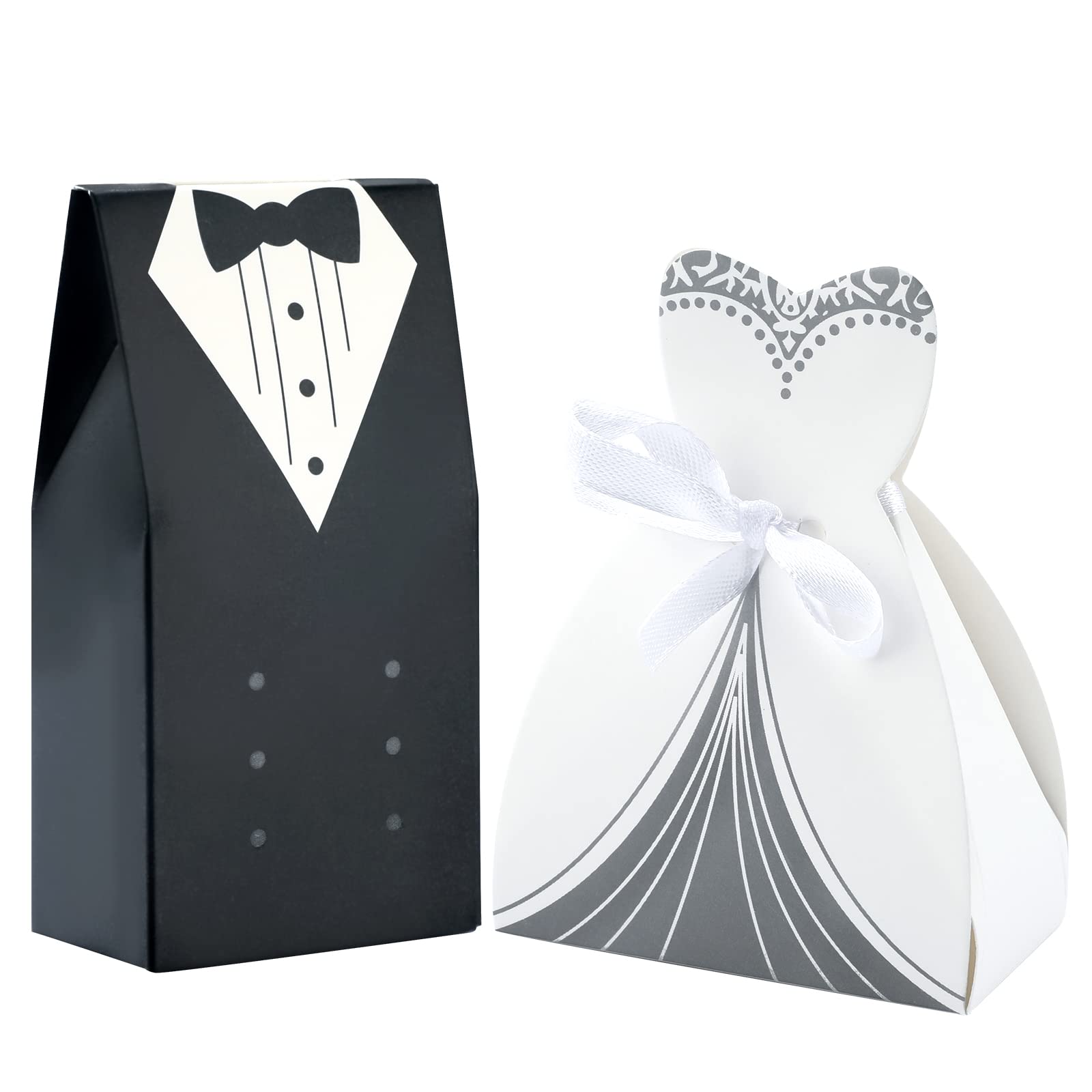 G2PLUS Elegant Wedding Favor Candy Boxes - 100PCS Bride & Groom Tuxedo Gift Boxes with Ribbon for Weddings, Bridal Showers, Christmas Parties - Perfect for Party Favors, Candy Gifts & Special Occasions