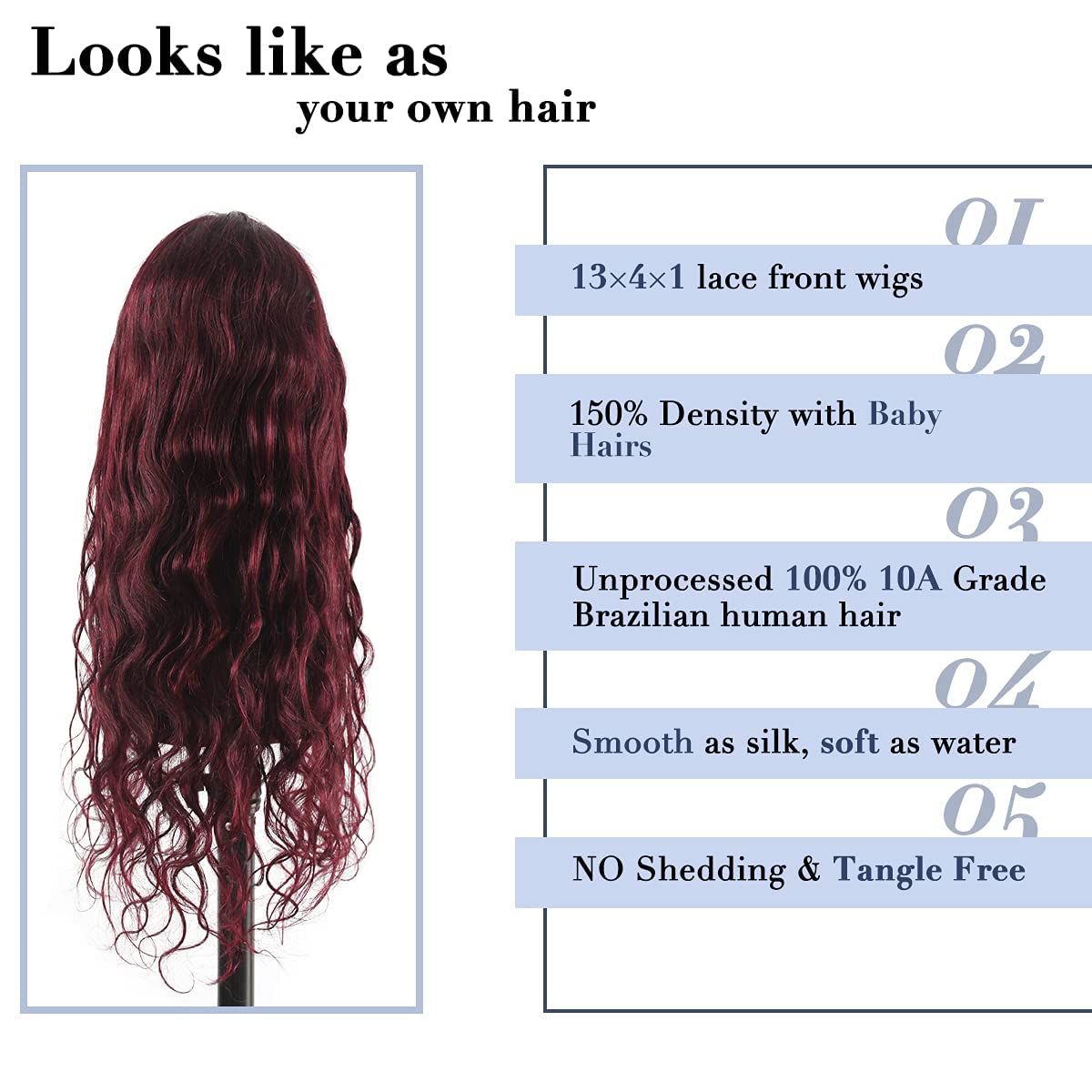 13x4 Pre Plucked Lace Front Wig - Brazilian Virgin Human Hair Body Wave Wig with Baby Hair | 24 Inch Deep Curly Lace Frontal Wig for Women (Burgundy) - Perfect for Daily Wear, Parties & Special Occasions