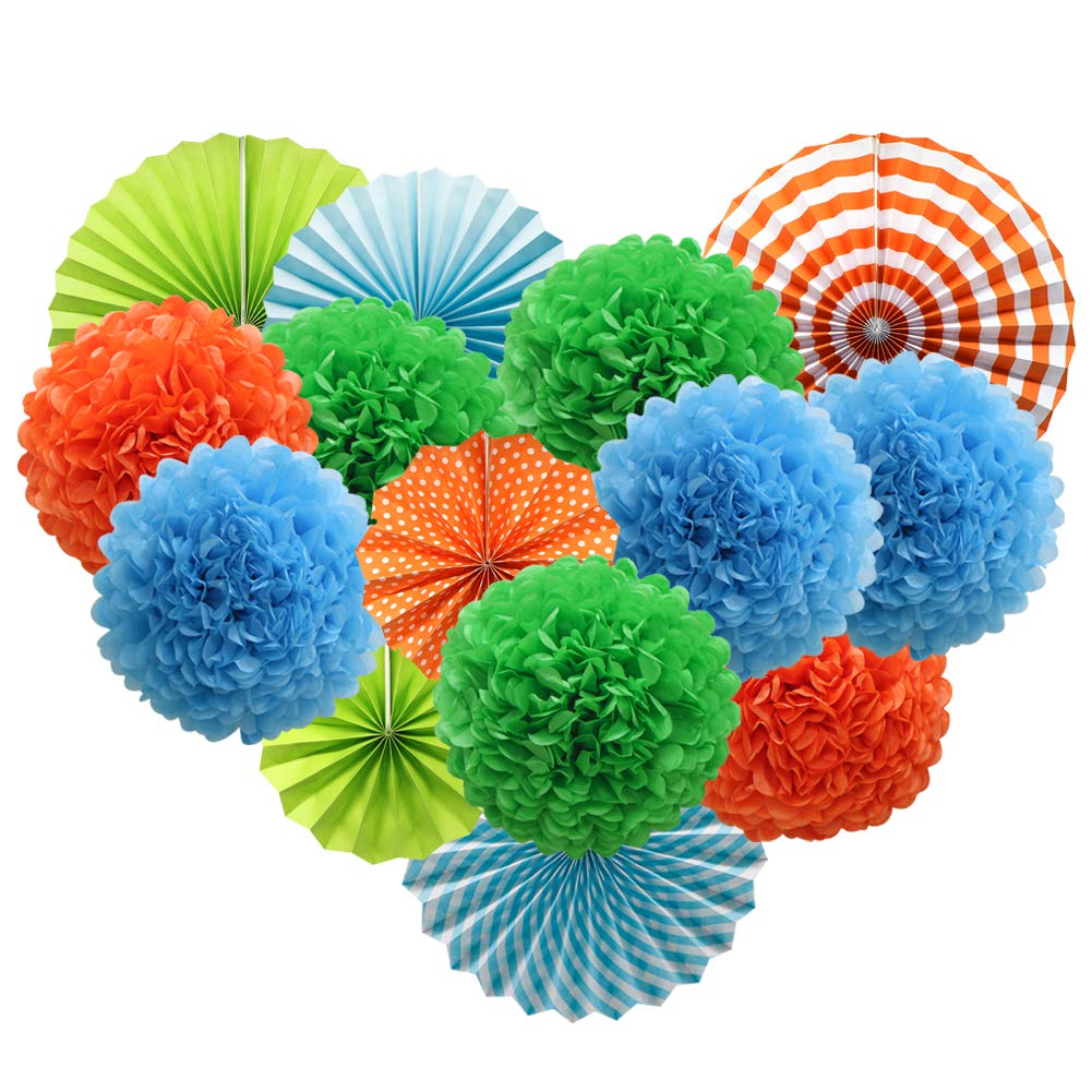 Vibrant Blue Green Orange Hanging Paper Party Decorations - Round Paper Fans & Pom Poms Flowers Set for Dinosaur Theme Birthday, Wedding, Graduation, Baby Shower & Summer Decor | Perfect for Indoor/Outdoor Events, Classroom Decorations & Photo Backdrops
