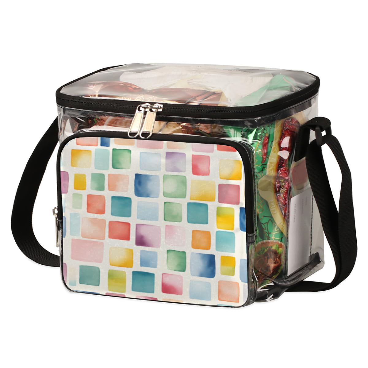 GzLeyigou Geometric Transparent Tote Bag with Handles - Colorful Blocking Texture Clear Crossbody Shoulder Bag for Women | Perfect for Outdoor Travel, Picnic, Concerts, Sports Events & Stadium Approved | Lunch Bag, Beach Essentials Carrier & Festival Accessory