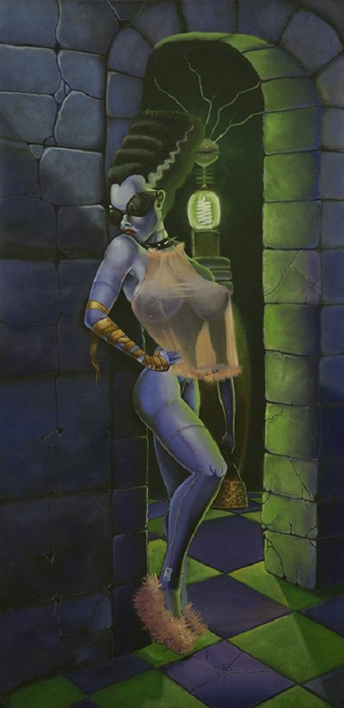 Bride by Phil Graves Nude Frankenstein Pin-up Girl Wood Framed Fine Art Print - Vintage Horror Decor for Home, Office & Gothic Lair
