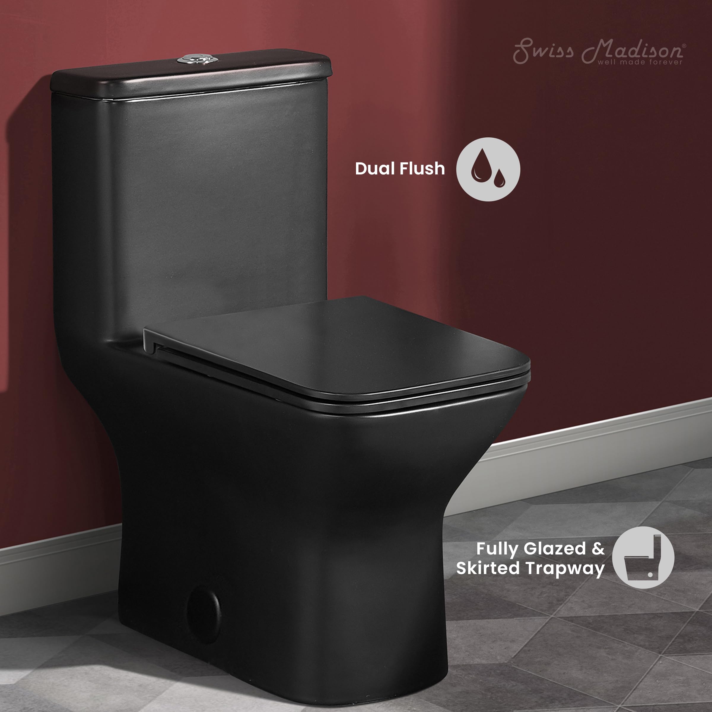 Swiss Madison SM-1T256 Carre Modern One-Piece Toilet - Square Dual Flush 1.1/1.6 GPF Water Efficient - Matte Black Bathroom Toilet for Contemporary Homes & Luxury Apartments