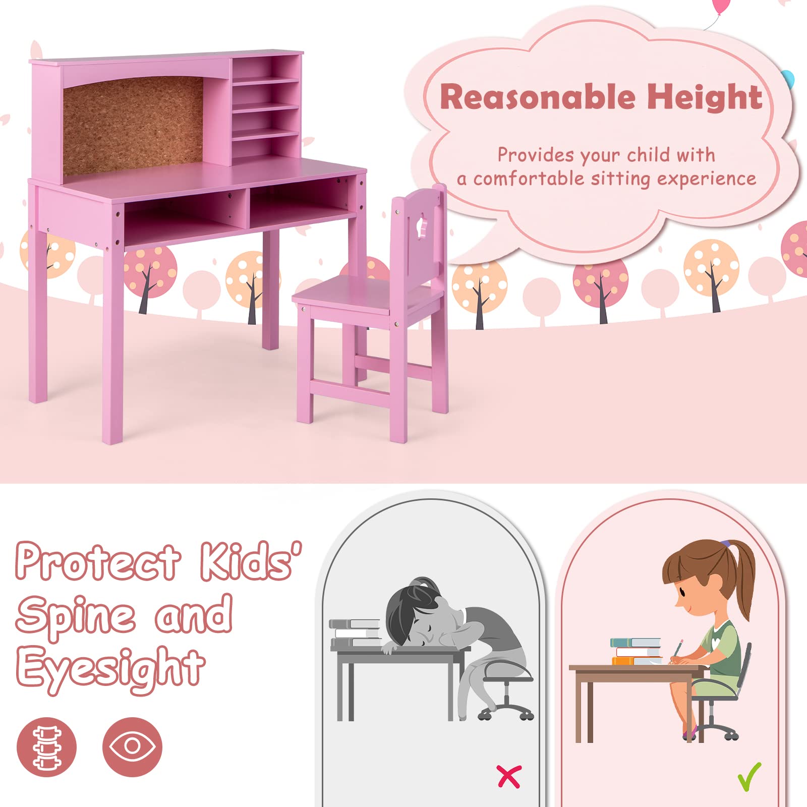 Costzon Kids Desk and Chair Set - Adjustable Wooden Study Desk with Storage Hutch, Cork Bulletin Board & Bookcase | Ergonomic Student Writing & Computer Workstation for Bedroom, Study Room & Homeschooling - Pink (Perfect for Remote Learning & Homework Organization)