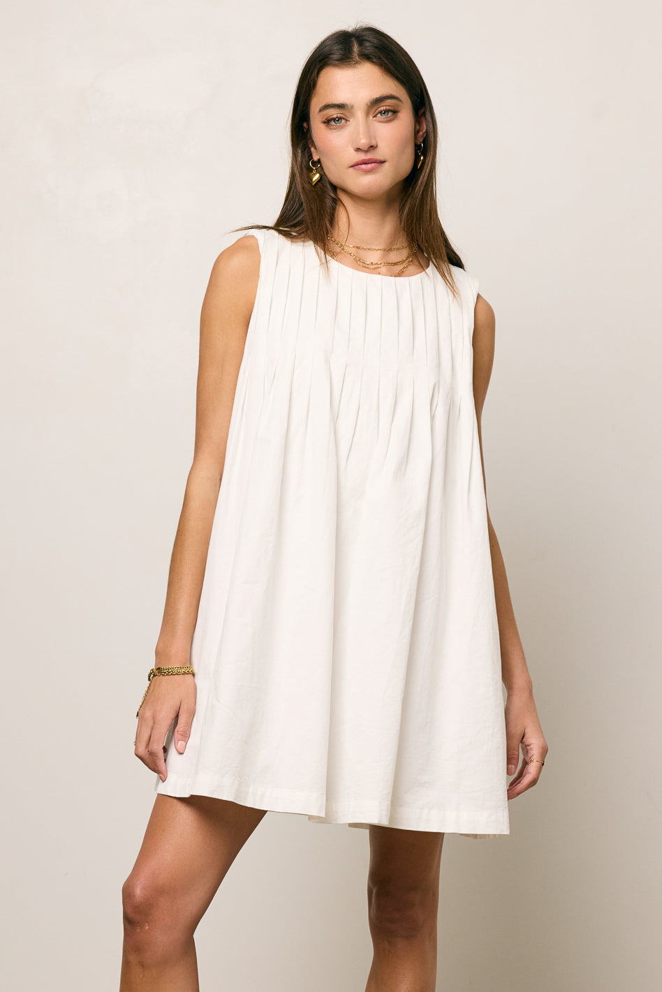 Arizona Pleated Baby Doll Dress for Women - Flowy White Mini Dress for Summer, Casual Wear, Beach & Party Outfits