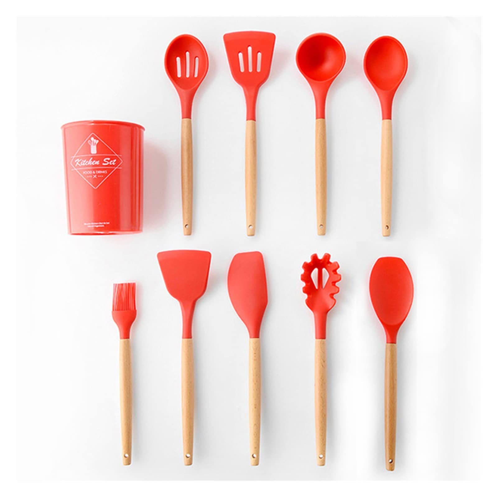 Premium 9 or 12-Piece Pink Silicone Kitchen Utensil Set with Storage Box - Includes Turner, Tongs, Spatula & Soup Spoon - Non-Stick Cooking Tools for Baking, Frying & Serving (Red, 10-Piece Option)