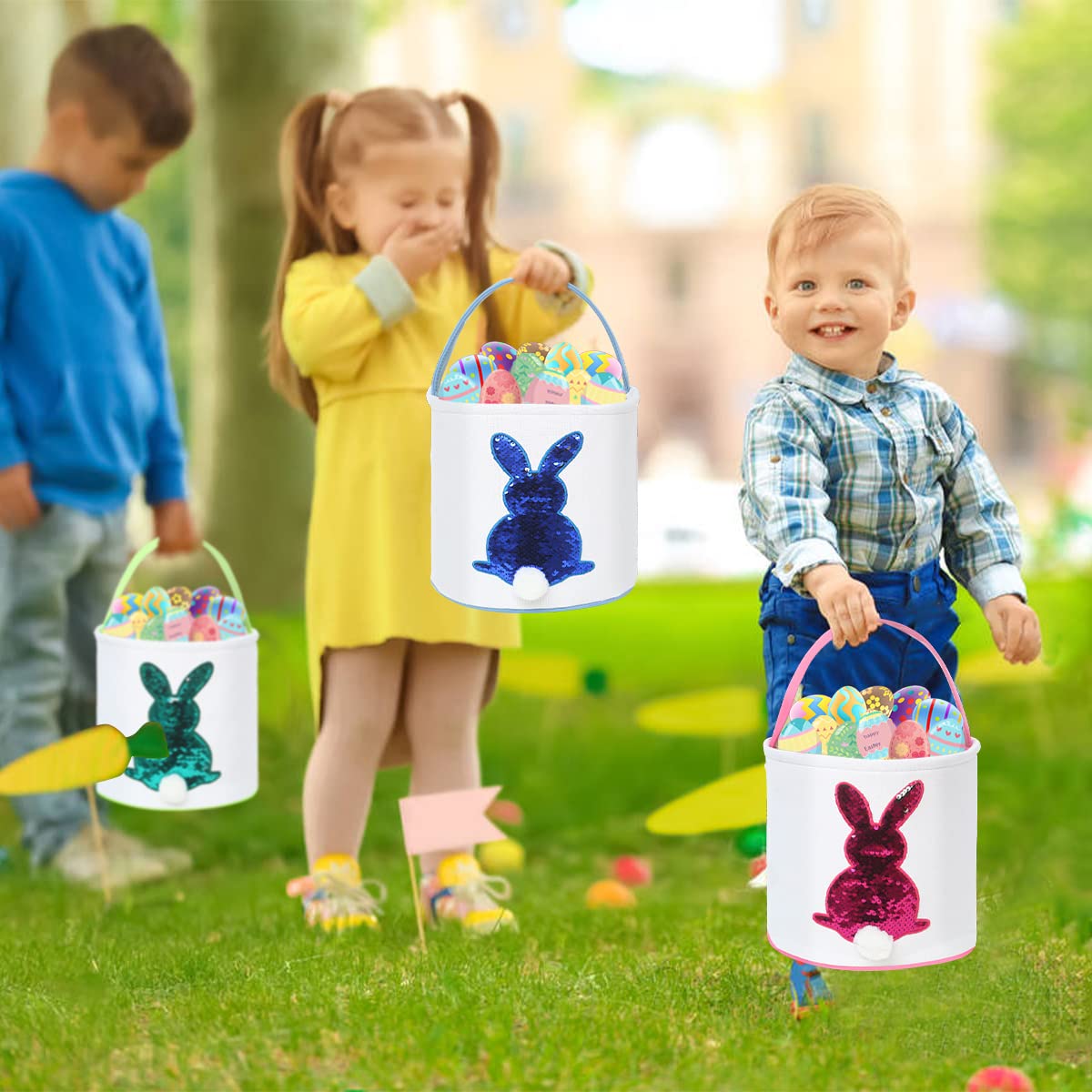 Easter Bunny Basket Bag for Kids - Sequin Rabbit Pattern Egg Hunt Bag with Fluffy Tail - Personalized Canvas Cotton Bucket for Easter Eggs, Candy & Gifts (Blue) - Perfect for Easter Egg Hunts, Party Favors & Spring Celebrations