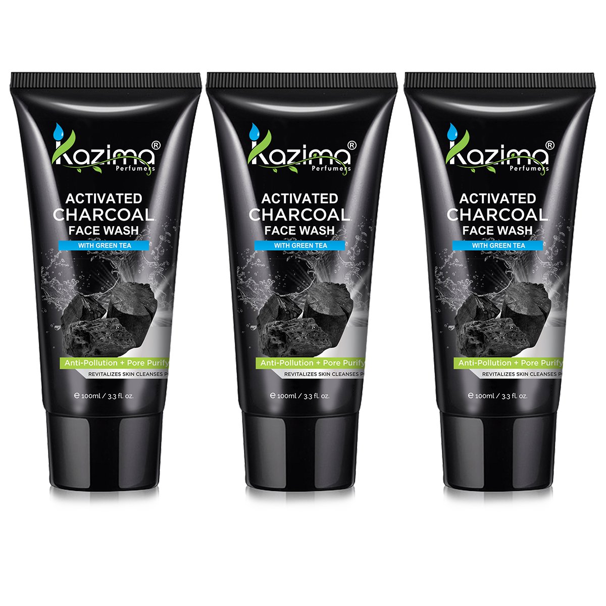 KAZIMA Activated Charcoal Face Wash with Green Tea - Anti Pollution, Anti Aging & Acne Treatment for Clear Skin (Pack of 3 x 100ml) | Deep Cleansing, Pore Minimizer & Skin Detox | Perfect for Daily Skincare Routine & Post-Workout Refresh