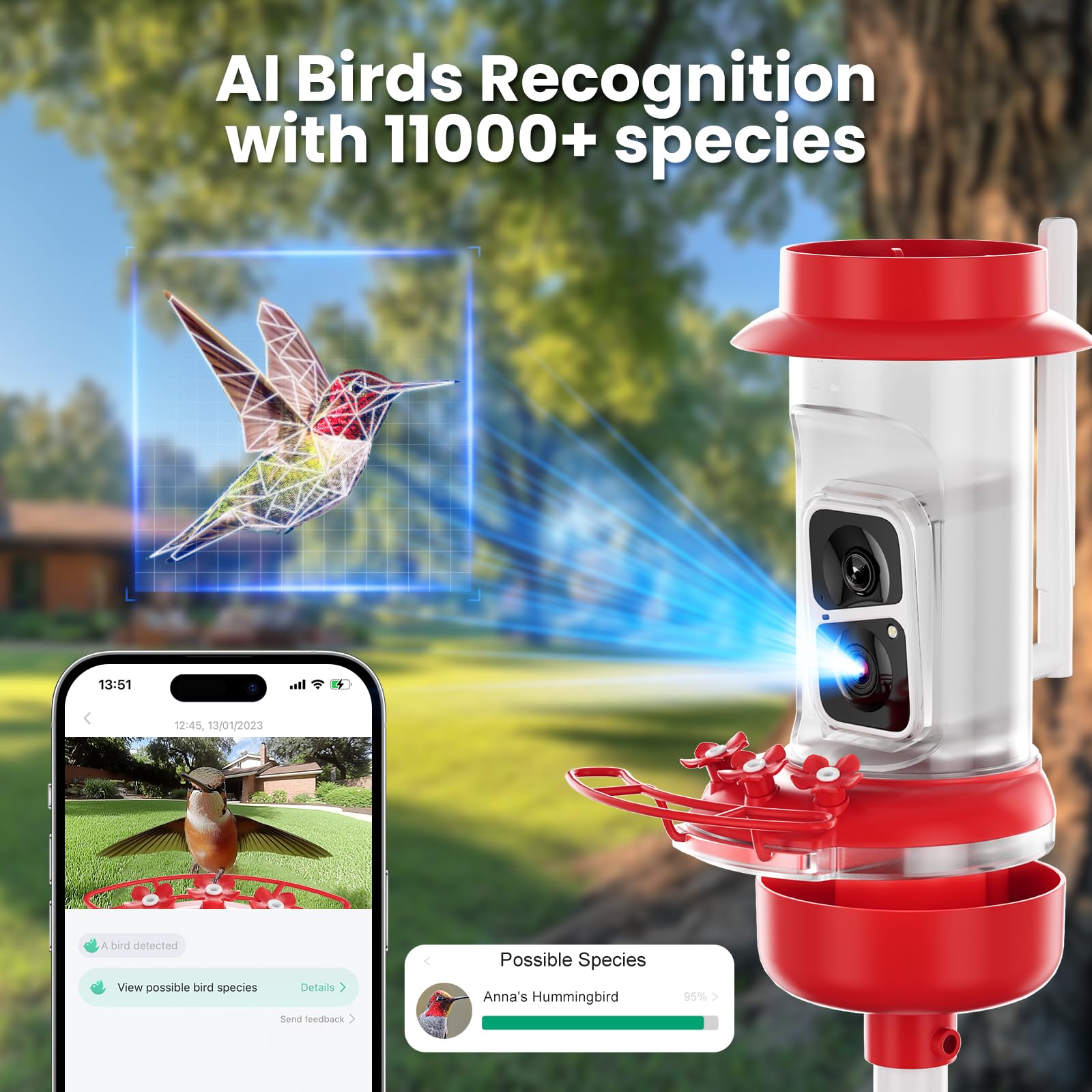 Soliom Humbirdy - Original 2K Hummingbird Feeder Camera with Leak-Proof Design, Ant Moat & AI Bird Identification | 3 Feeding Ports, 16oz Capacity | Perfect for Backyard Birdwatching, Nature Lovers & Family Gifts