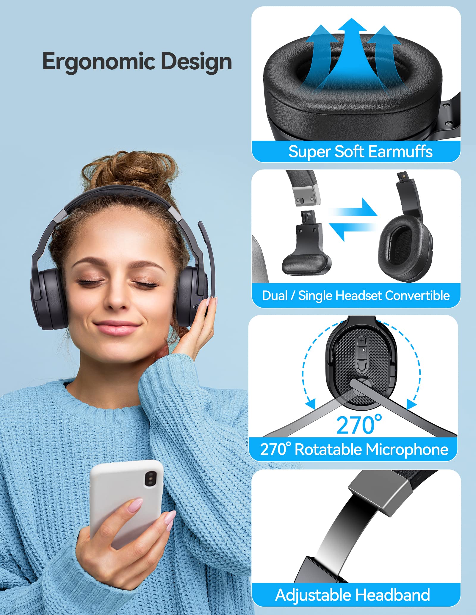 TECKNET Wireless Bluetooth Headset with Microphone - Noise Cancelling 2-in-1 Headphones, 3 EQ Modes, Detachable Boom Mic for Computer, Teams, Skype - Perfect for Office, Call Center, Remote Work & Online Meetings