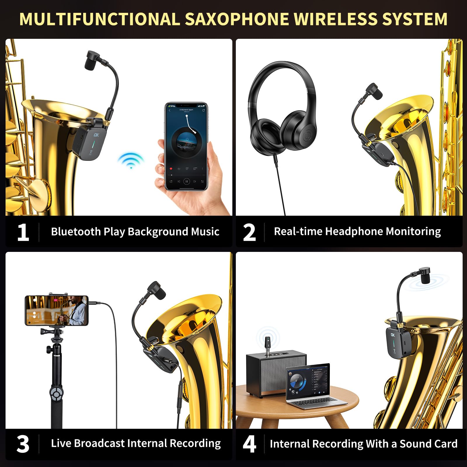 Professional UHF Wireless Saxophone Microphone System - Clip-On Rechargeable Instrument Mic with Charging Case, 3 Dedicated Sax Modes, 131ft Range for Live Performances, Studio Recording & Monitor Headphones