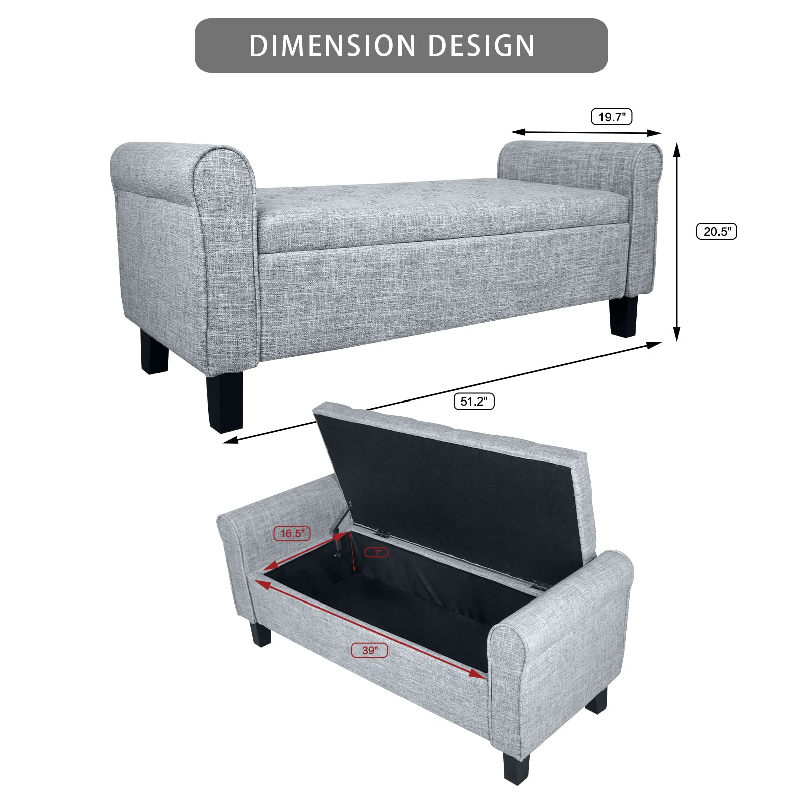 Dark Grey Storage Ottoman Bench with Arms - Button Tufted Footrest & Large Storage Seat for Bedroom, Living Room, Entryway, Hallway - Perfect as End of Bed Bench, Living Room Storage & Cozy Footrest