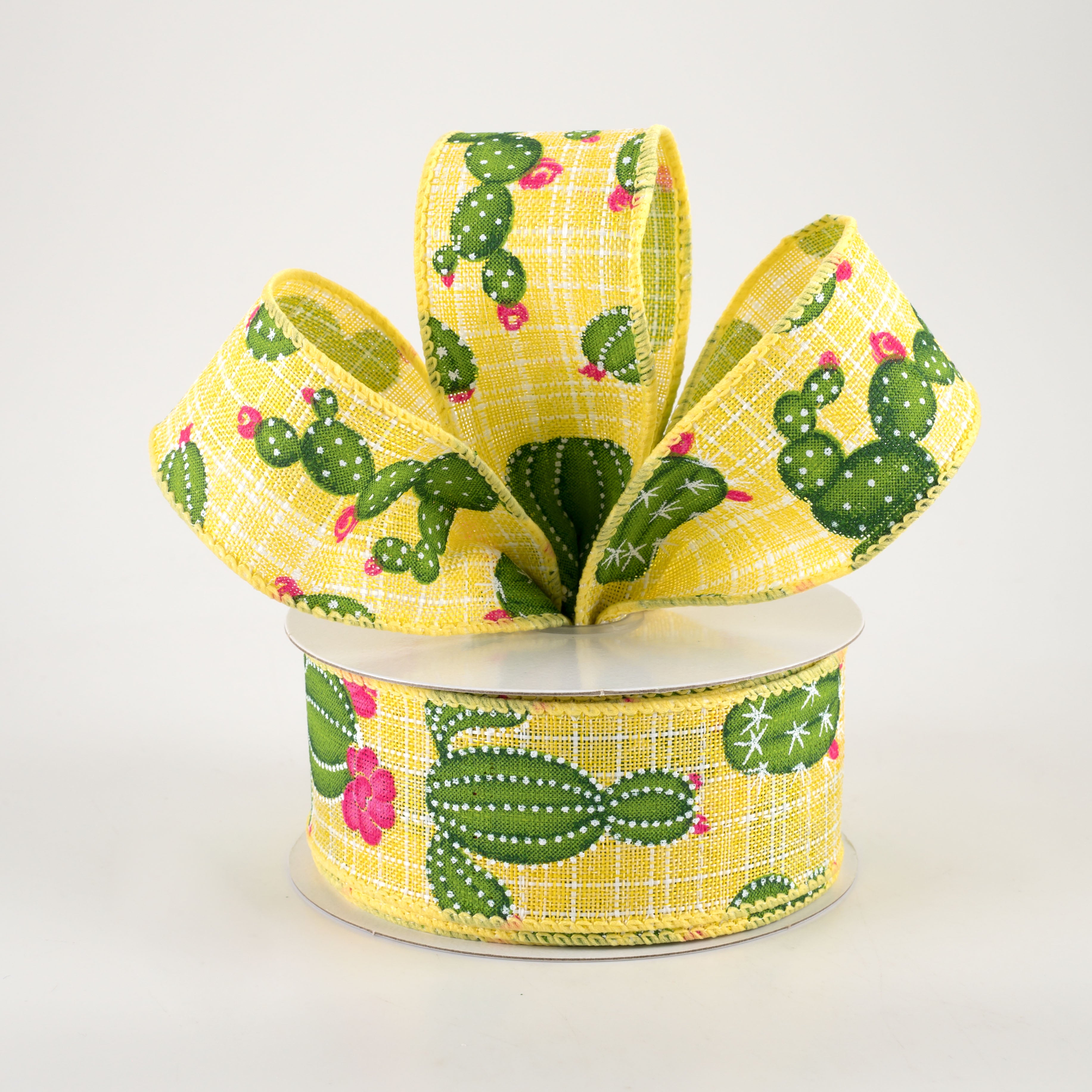 1.5 Inch Fuchsia Flower Cactus Ribbon - Yellow Decorative Ribbon (10 Yards) for Gift Wrapping, DIY Crafts, and Party Decorations
