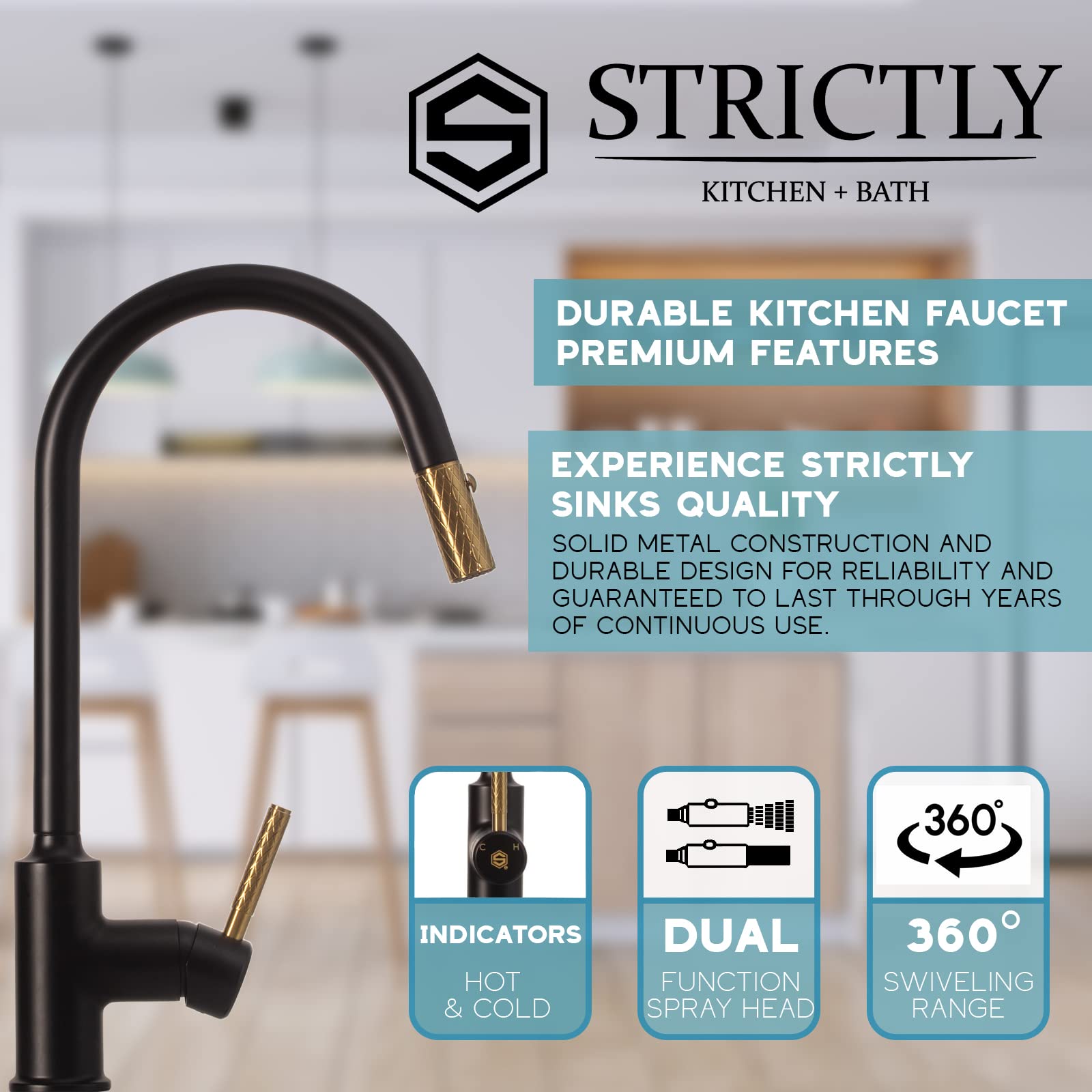 Strictly Sinks Pull Down Kitchen Faucet - Black & Gold Finish with Pull Out Sprayer, 360° Swivel Spout, Dual Spray & Stream Modes | Perfect for Modern Kitchens, Dishwashing & Food Prep
