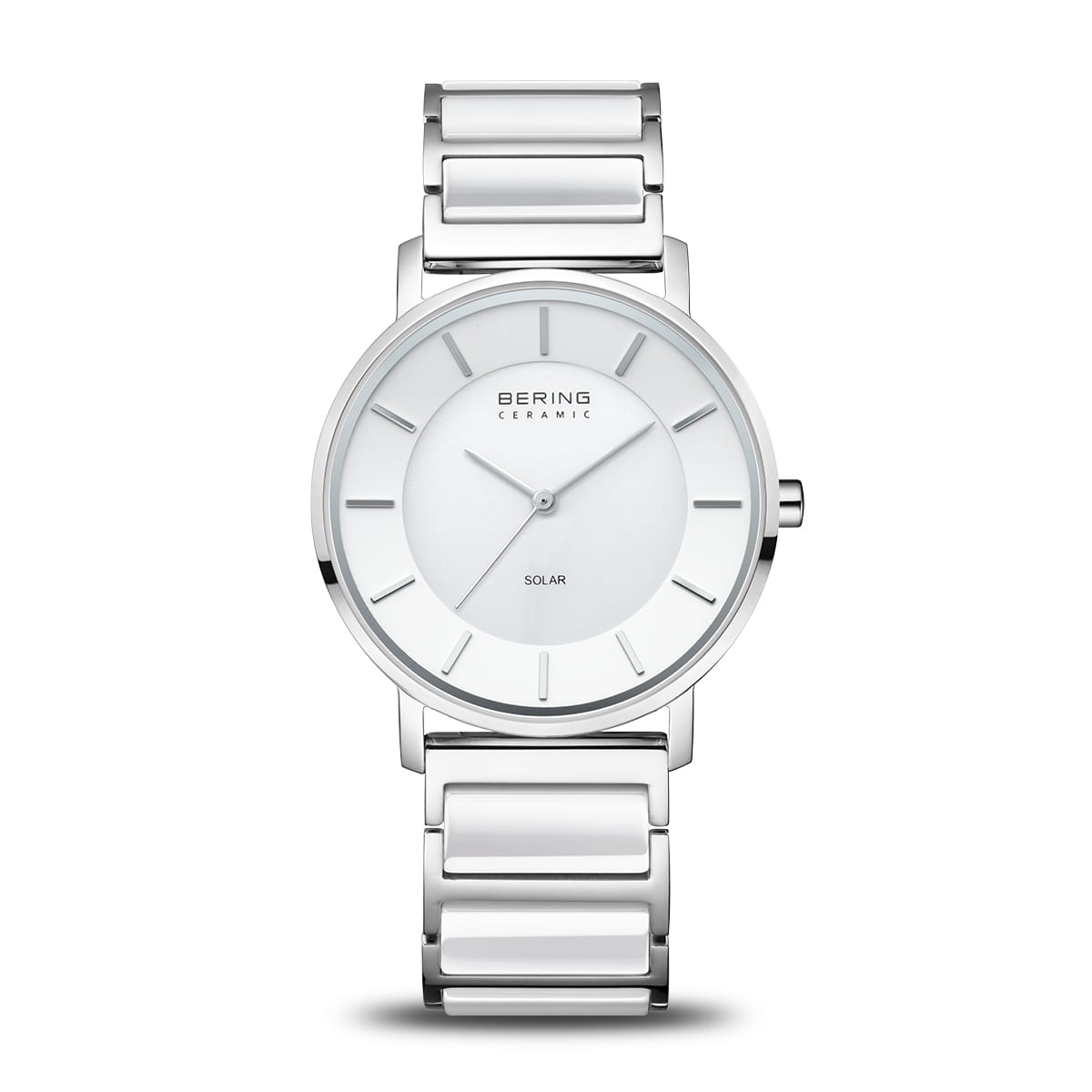 BERING Solar-Powered Women's Watch - 35mm Polished Silver Case with White Dial - Water Resistant & Stainless Steel Band - Perfect for Office, Casual Wear & Outdoor Activities