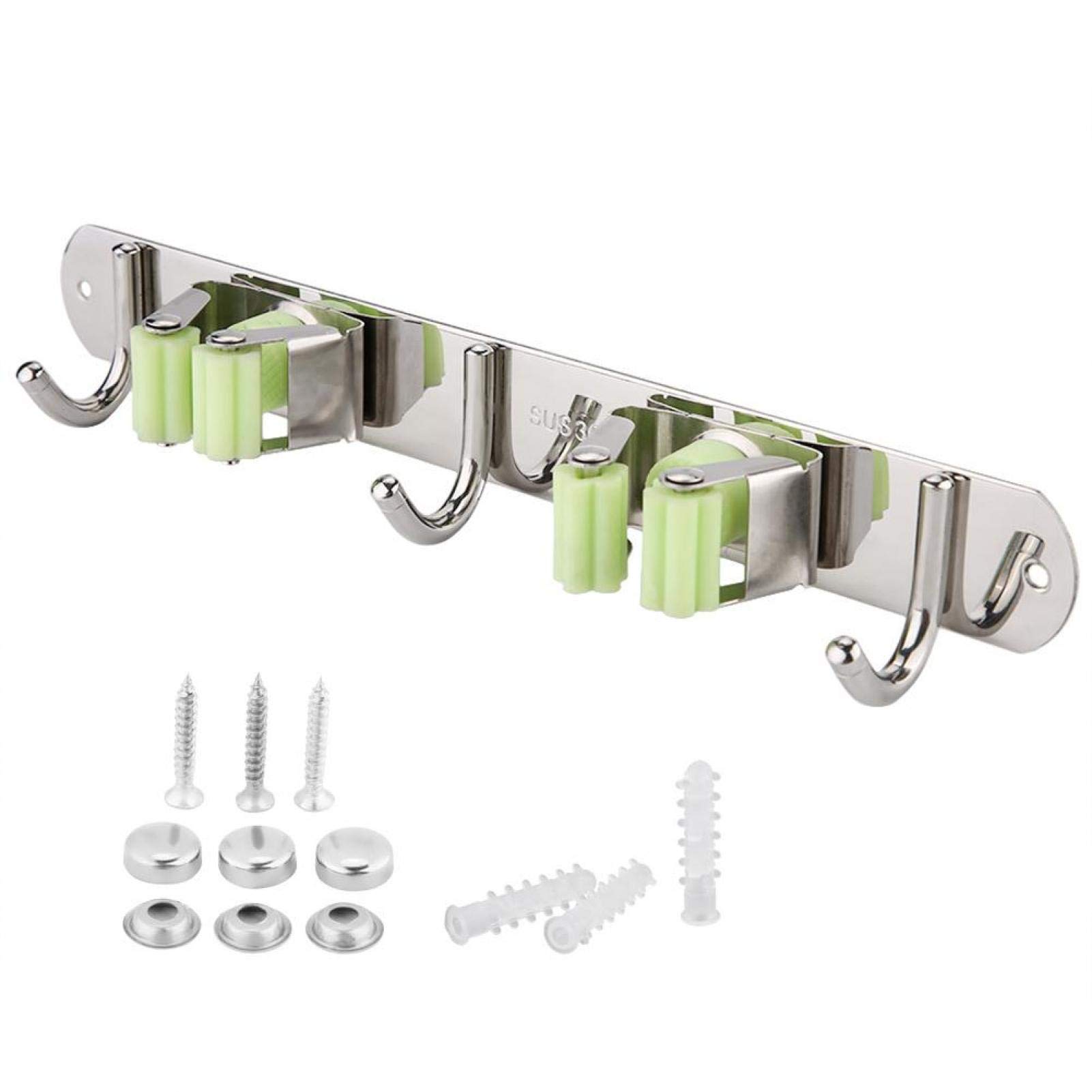 Stainless Steel Mop Holder with 3+2 Buckle - Wall Mount Broom and Hat Organizer for Kitchen, Garage & Closet Storage | Durable Fockety Mop Hanger for Bags, Hats & Cleaning Tools