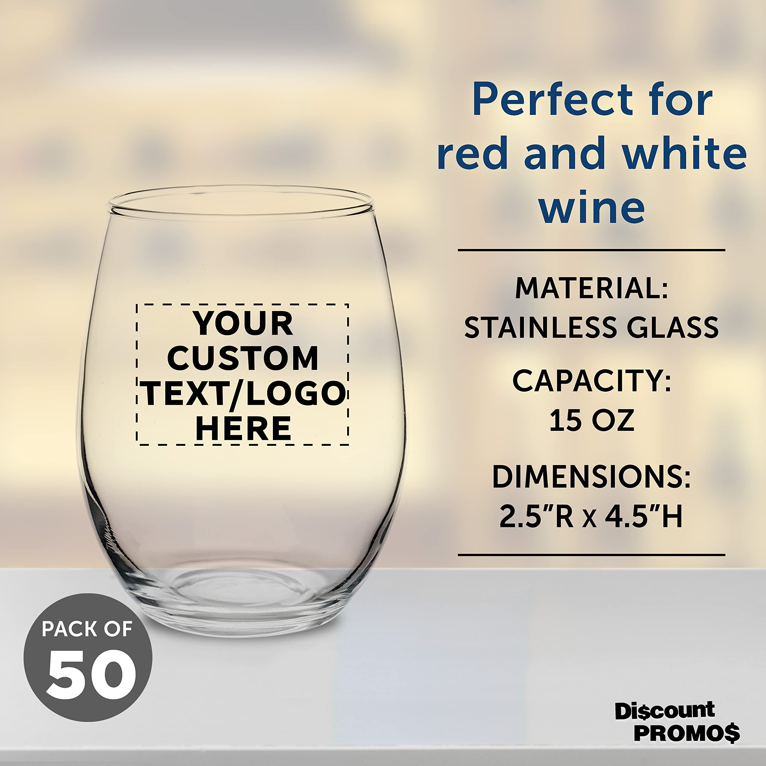 ARC Perfection 15 oz Custom Stemless Wine Glasses - Bulk Set of 50 Personalized Bar Glasses for Restaurants, Weddings & Events - Ideal for Red Wine, White Wine & Cocktails - Durable Clear Glassware for Commercial Use
