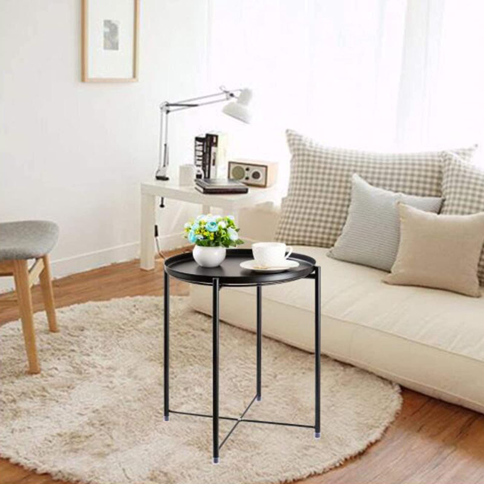 Foldable Metal Side Table with Removable Tray - Waterproof Small Coffee Table, End Table for Living Room, Bedroom, Office & Balcony - Compact Size 16.38x16.38x20.28 Inches (Black) - Perfect for Small Spaces, TV Snacks, Reading Nook & Guest Seating