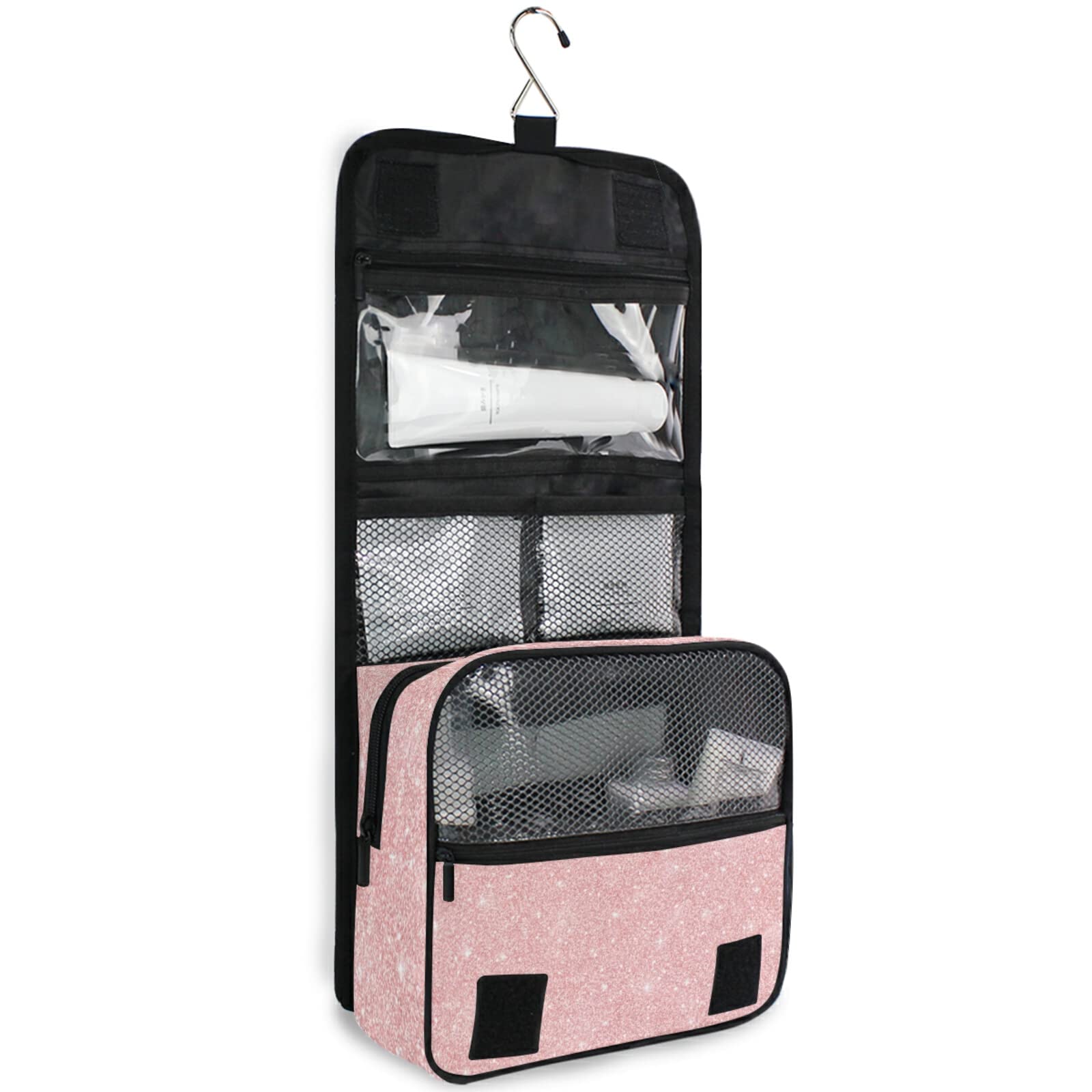 Custom Light Pink Glitter Personalized Travel Hanging Toiletry Bag - Large Waterproof Makeup Organizer for Women & Girls - Perfect for Cosmetics, Toiletries, Travel & Gym Essentials