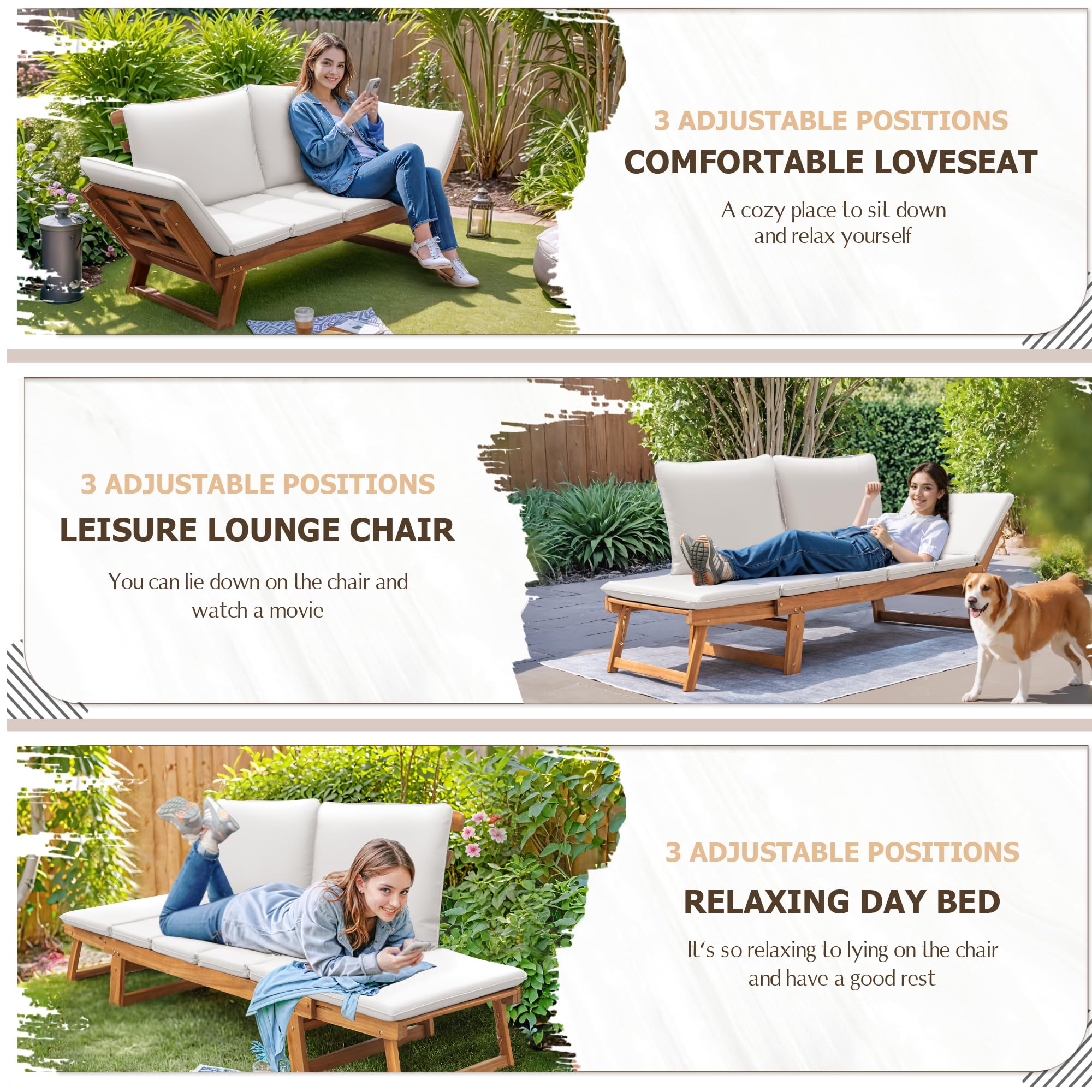 Devoko Outdoor Couch - Acacia Wood Patio Sofa with Adjustable Armrests & Removable Cushions, Convertible Lounge Furniture for Backyard, Porch, Poolside, Garden (White) - Perfect for Relaxing, Sunbathing & Outdoor Entertaining