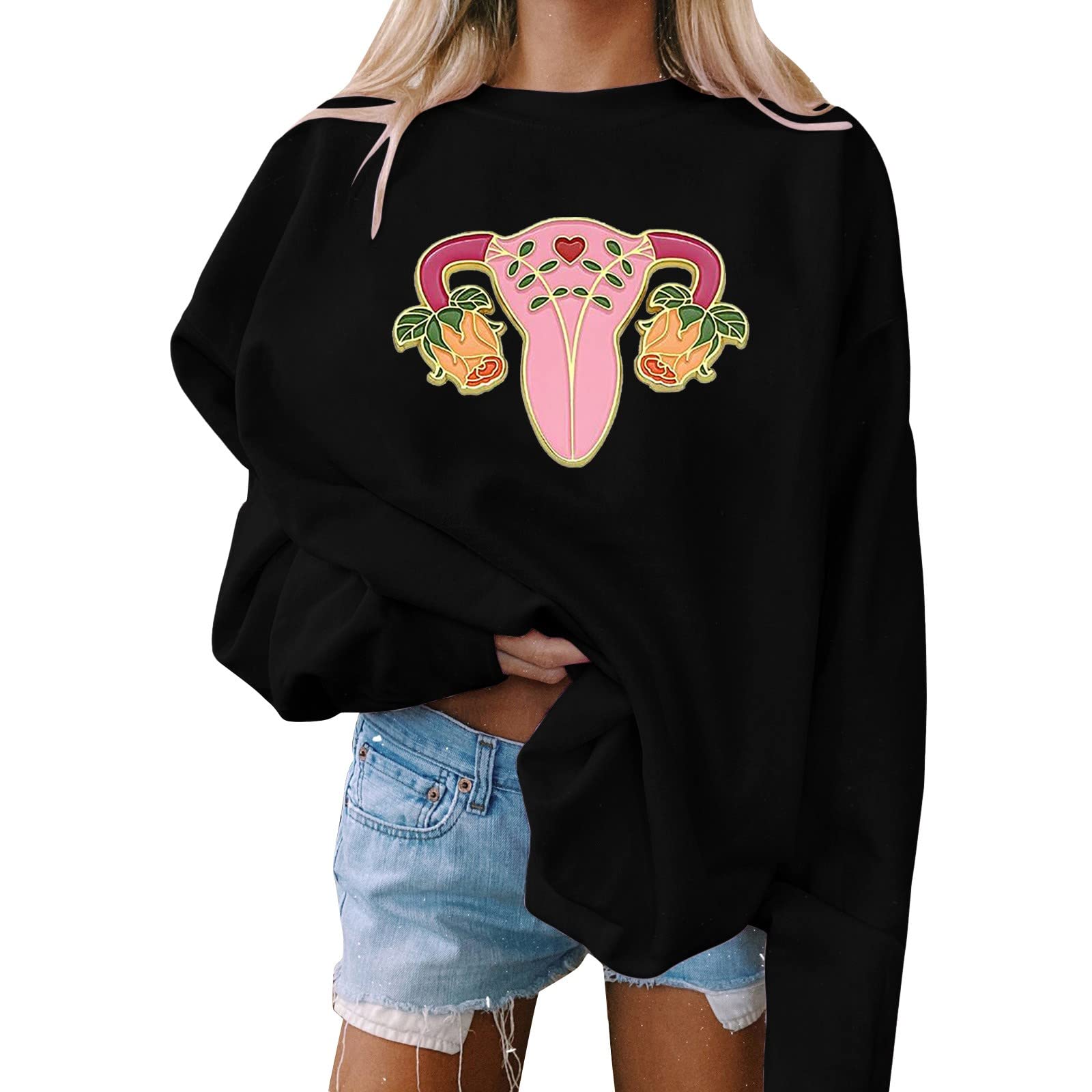 Women's White Long Sleeve Tunic Top - Loose Fit Round Neck Raglan Sleeve Contrast Graphic Tee Shirt | Casual Wear, Layering, Office Outfits & Everyday Comfort