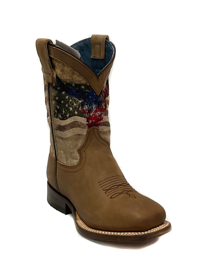 Roper Kids American Bull Boots - Tan Leather Cowboy Boots for Boys & Girls - Durable & Comfortable for Riding, Outdoor Play & Western Style