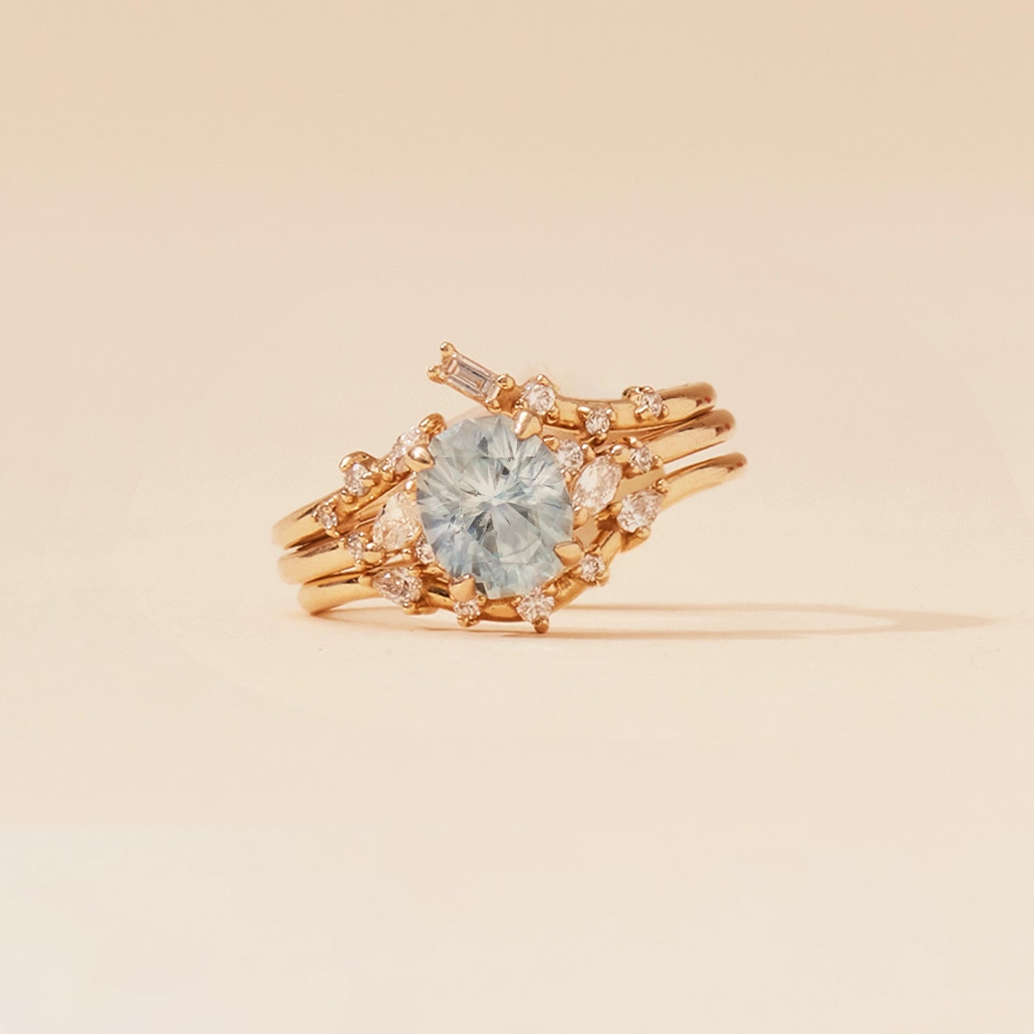 Unique Mystic Love 14K Yellow Gold Ring with Icy Blue Oval Sapphire – Perfect for Engagement, Anniversary & Special Occasions