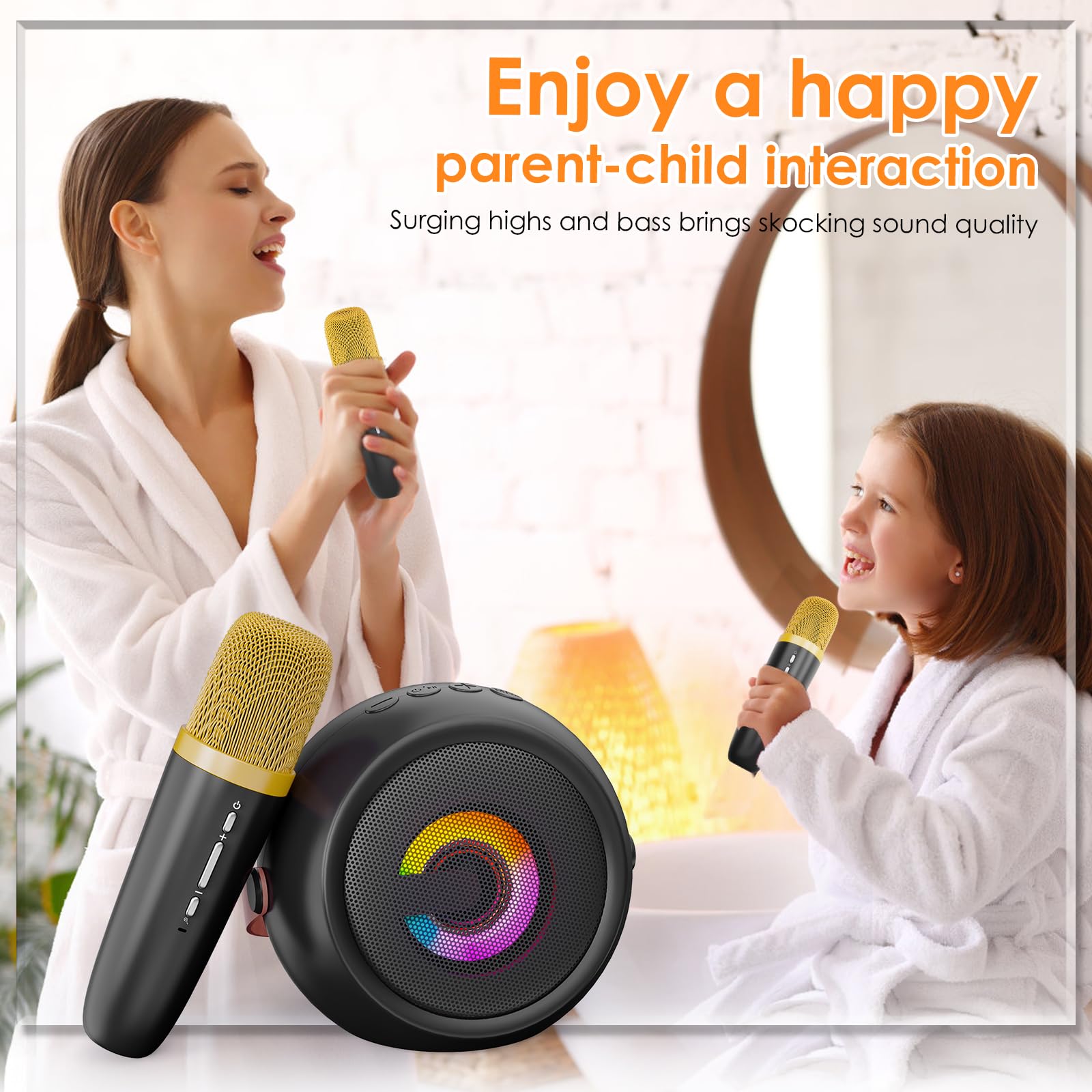 Mini Karaoke Machine for Kids - LED Wireless Portable Karaoke System with 2 Microphones | Magic Voice Technology | Perfect Christmas & Birthday Gift | Home Party, Travel Entertainment, Singing Practice (Black)