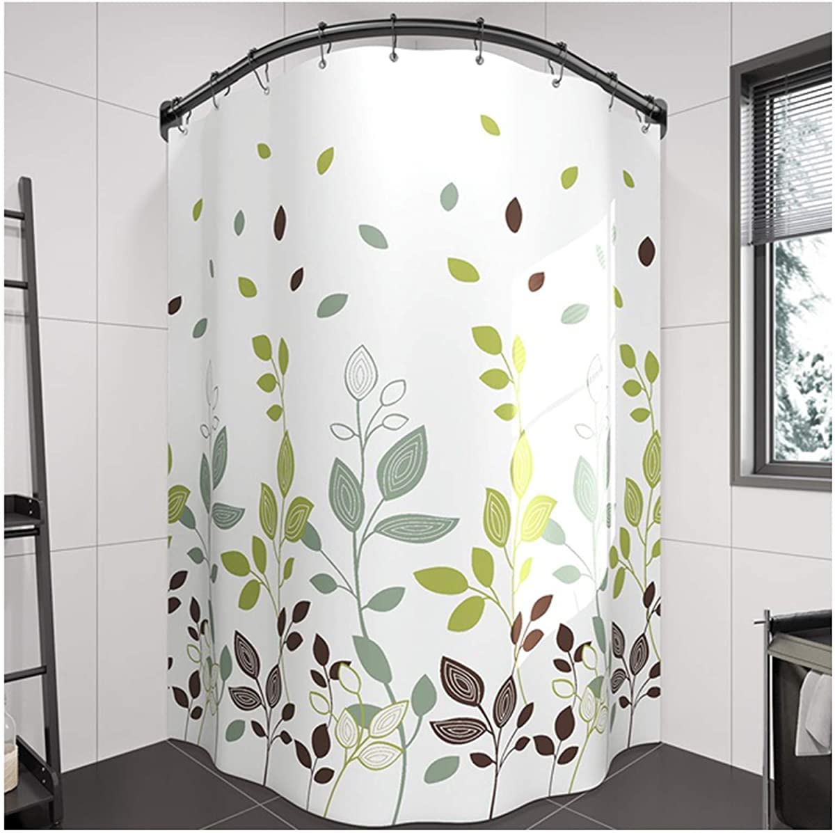 FXBFAG Adjustable L-Shaped Shower Curtain Rod - 304 Stainless Steel Telescoping Corner Shower Rail for Bathtub, No Drilling or Drilling Installation, Includes Shower Curtain & Hooks (180x200cm, WxH) - Perfect for Small Bathrooms & Corner Showers
