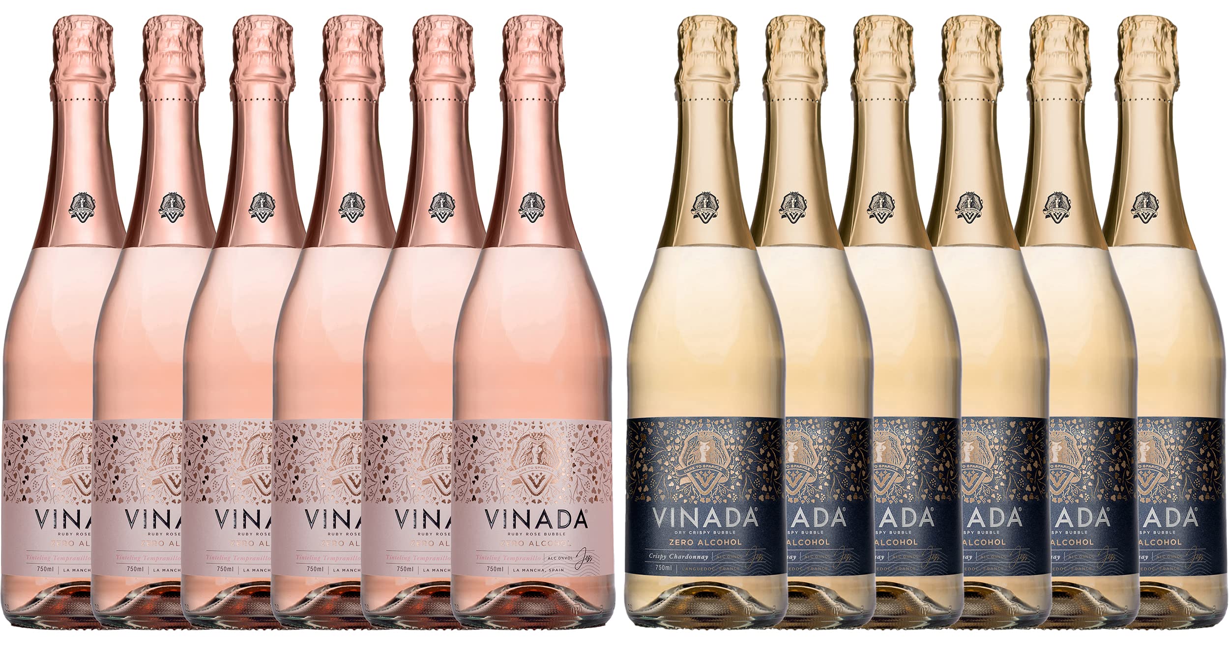 VINADA Alcohol-Free Sparkling Rosé & Crispy Chardonnay Variety Pack - 0% ABV Non-Alcoholic Wine - 750ml (12 Glass Bottles) - Perfect for Parties, Weddings & Sober Celebrations