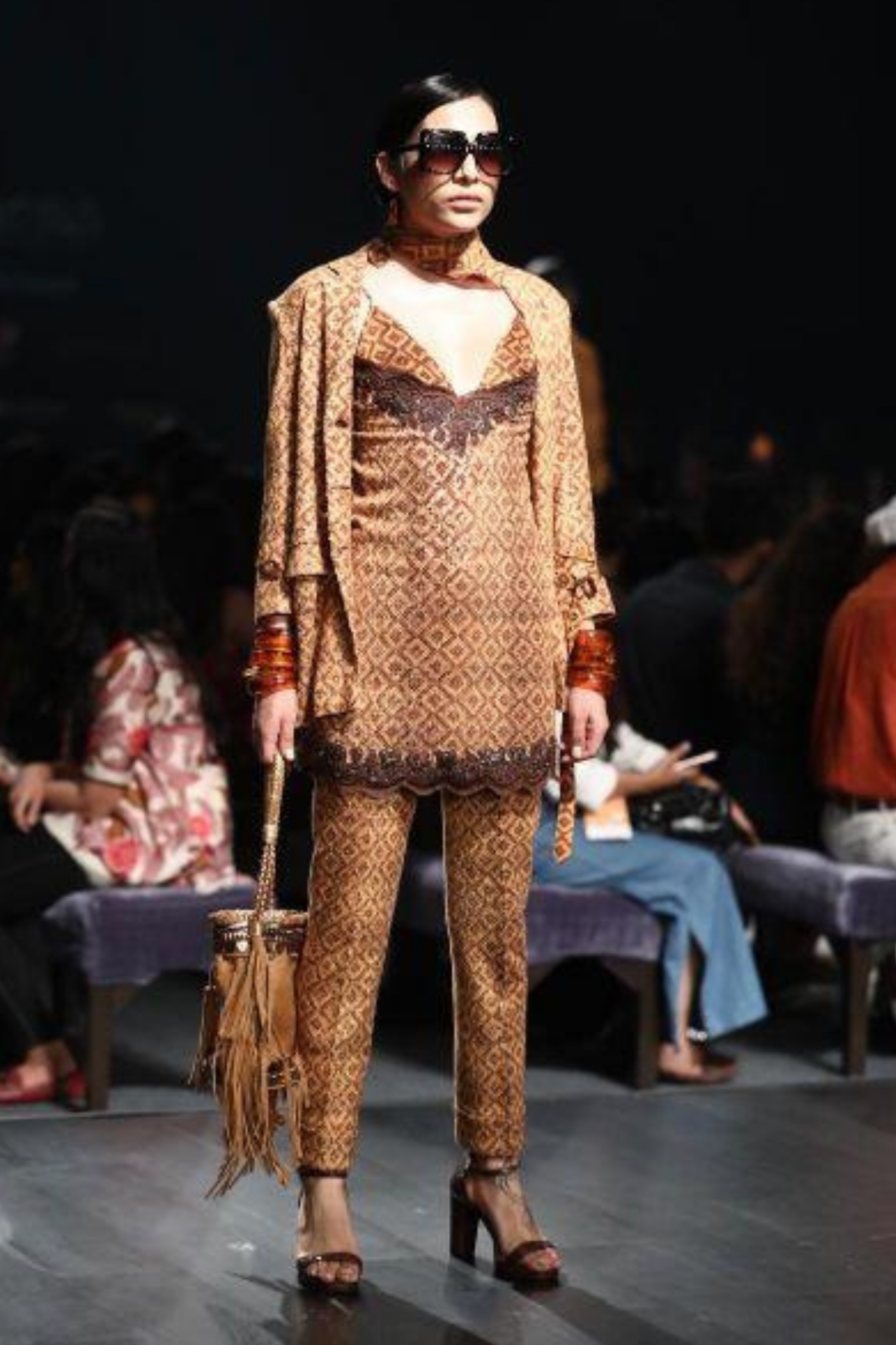Sequin Embellished Beige Brown Basket Weave Print Short Dress with Matching Bralette Set - Perfect for Parties, Date Nights & Special Occasions