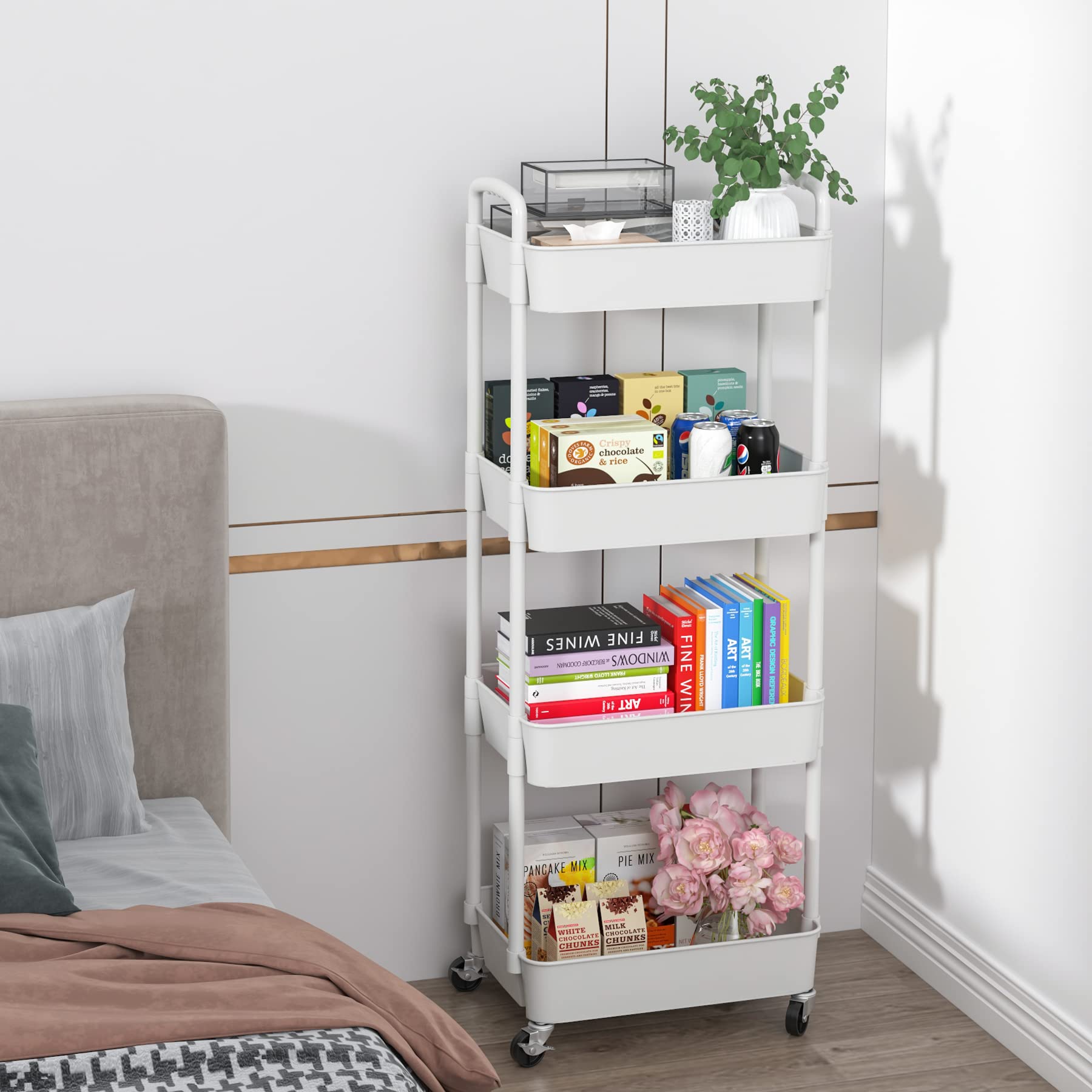 Sywhitta 4-Tier Rolling Storage Cart - White Mobile Kitchen Organizer with Wheels for Bedroom, Bathroom & Office | Perfect for Small Space Organization & Home Storage Solutions