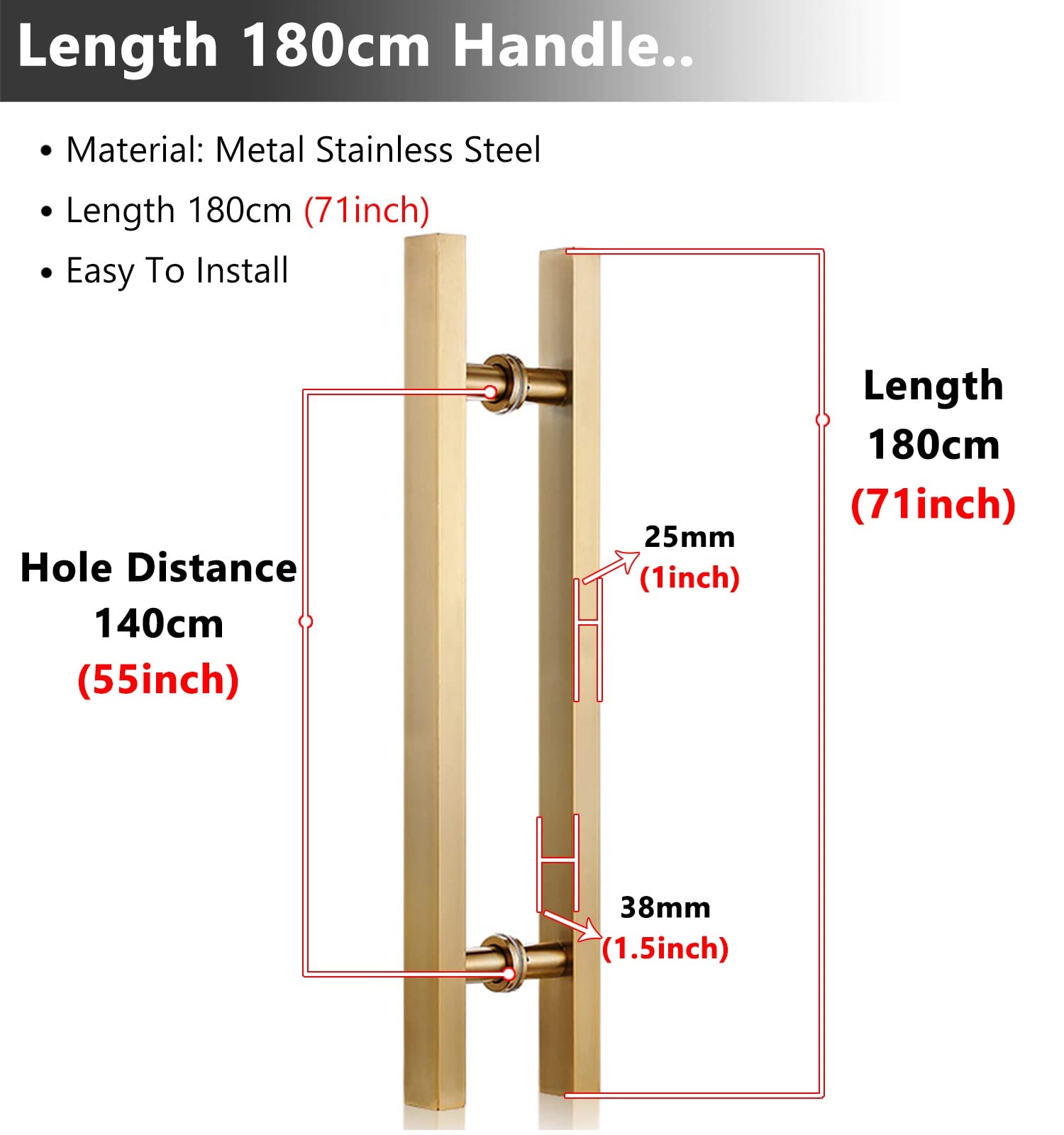 Modern H-Shaped Front Entry Door Handle - Double Sided Gold Stainless Steel Pull Bar for Sliding Barn Doors, Glass Gates & Interior Wood Doors (71 Inch/180cm) - Perfect for Home Entryways, Closet Doors & Room Dividers