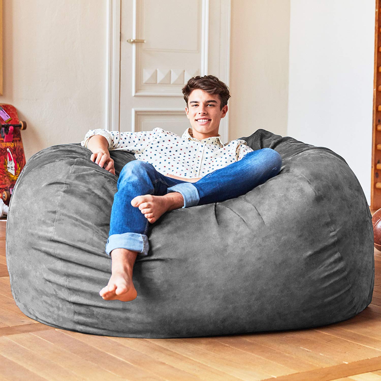 Luxurious 5ft Microsuede Bean Bag Chair - Ultra Soft Foam Filled Large Washable Bean Bag Sofa for Adults, Teens & Pets - Perfect for Dorm Rooms, Living Rooms & Bedrooms - Dark Grey - Relaxing Seating for Movie Nights, Gaming & Lounging
