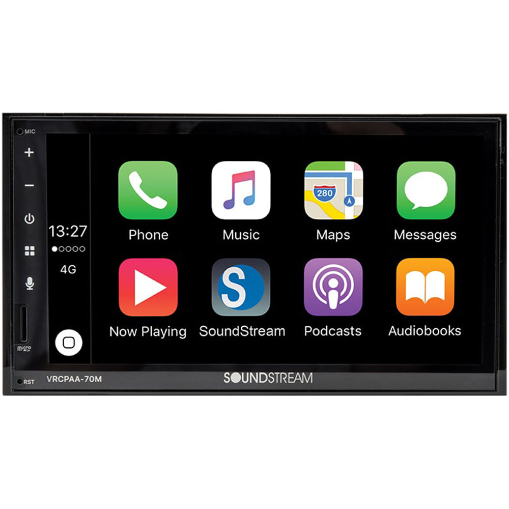 Soundstream VRCPAA 70MW 7 Inch Double DIN Touchscreen Car Stereo with Bluetooth, Apple CarPlay & Android Auto - Digital Multimedia Receiver for Seamless Music Streaming & Hands-Free Calling in Your Vehicle