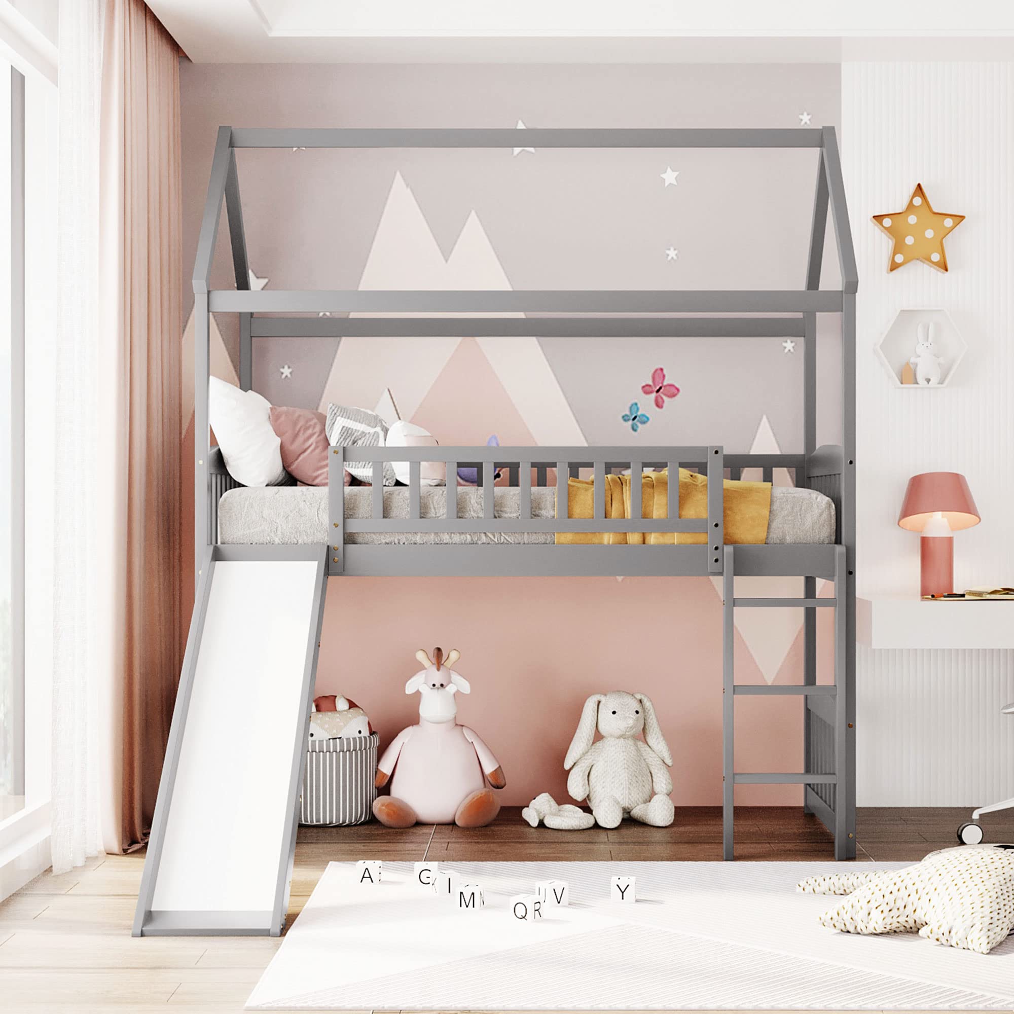 Bellemave Twin Loft Bed with Slide - Wooden House Style Bunk Bed with Roof for Kids & Toddlers - Space Saving Grey Loft Bed for Small Rooms - Perfect for Boys & Girls Bedroom, Playroom or Dorm