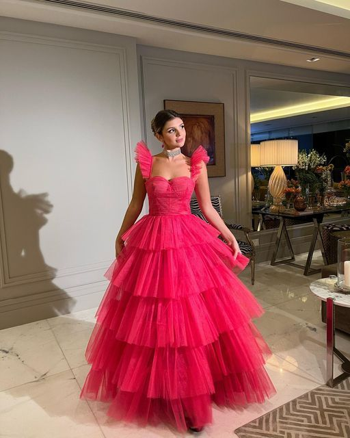 Elegant A-Line Hot Pink Layered Prom Dress with Tulle Skirt - Senior Prom Gown 2114 for Homecoming, Formal Dances & Special Occasions