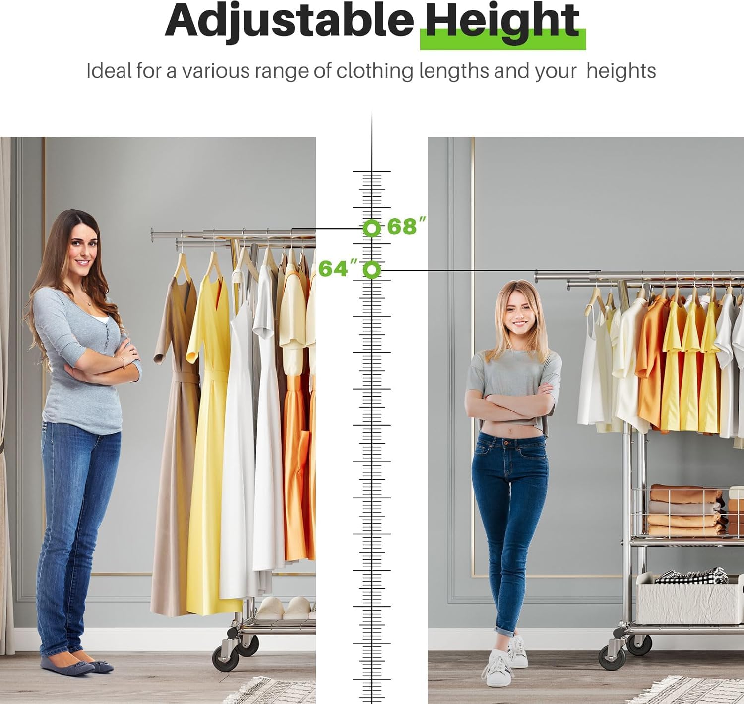 Heavy Duty Commercial Clothing Rack - 625LBS Capacity Adjustable Garment Rack with Metal Basket & Wheels | Double Rod Hanging Clothes Organizer for Bedroom, Living Room, Laundry Room & Retail Store Use